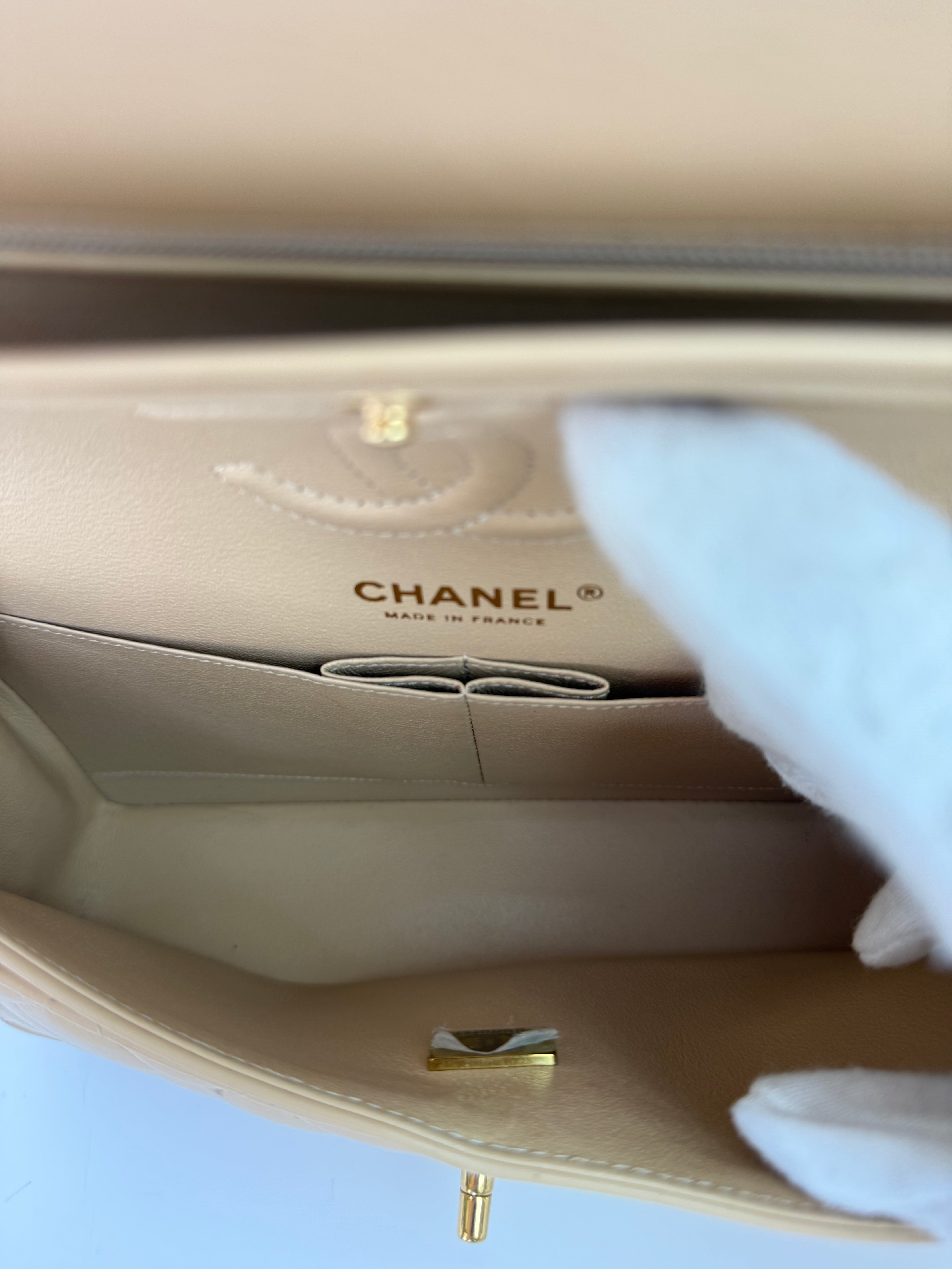 Chanel Small Classic Double Flap In Beige Lambskin With GHW