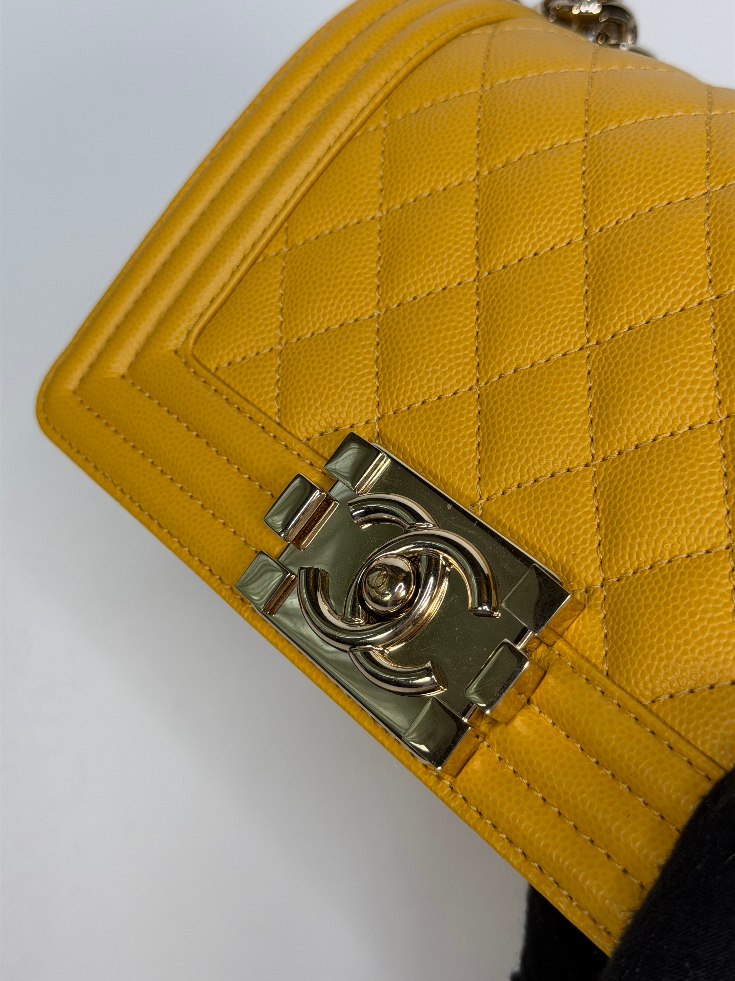 Chanel Small Boy Bag In Yellow Caviar Leather With Pale Gold Hardware