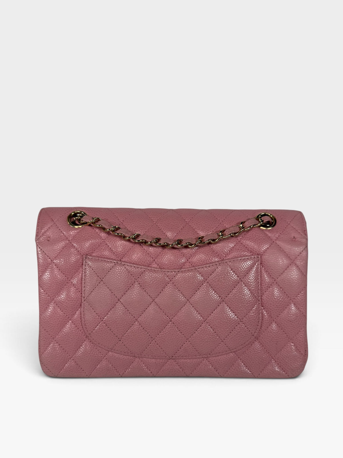 Chanel Vintage Medium Classic Double Flap In Pink Caviar Leather With 24Kt Gold Hardware 100% authentic and preloved in excellent condition