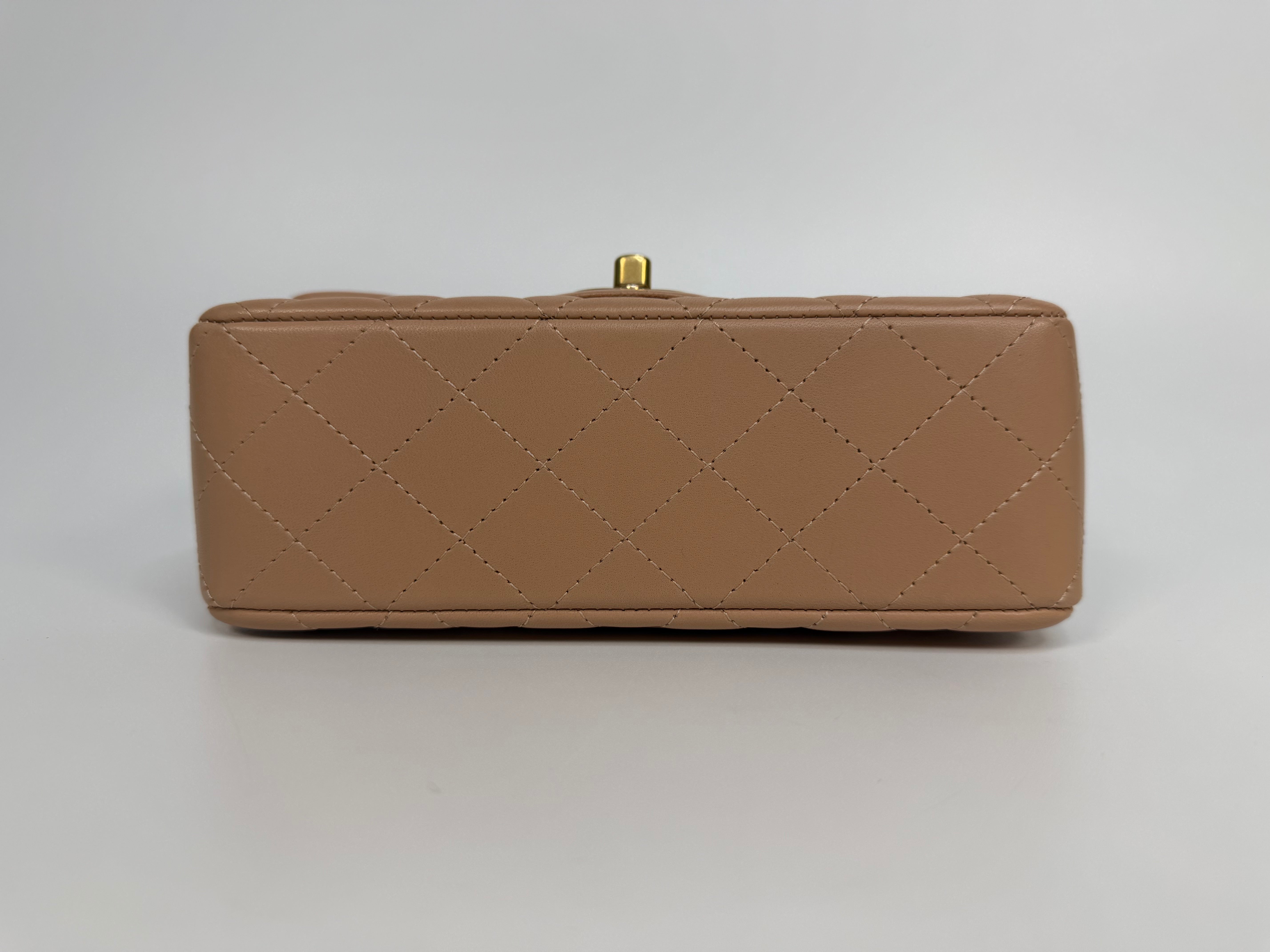 Chanel Mini Rectangle Top Handle In Beige Lambskin Leather Gold Hardware