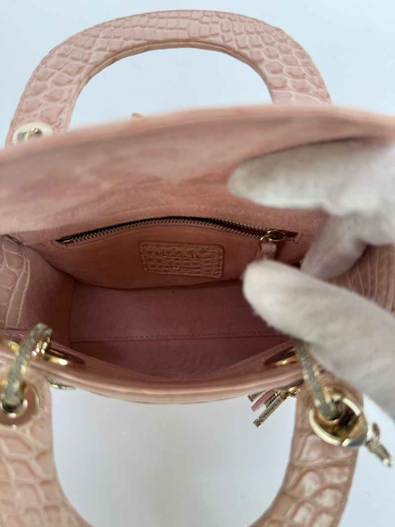 Christian Dior Mini Lady Dior In Dusty Pink Crocodile