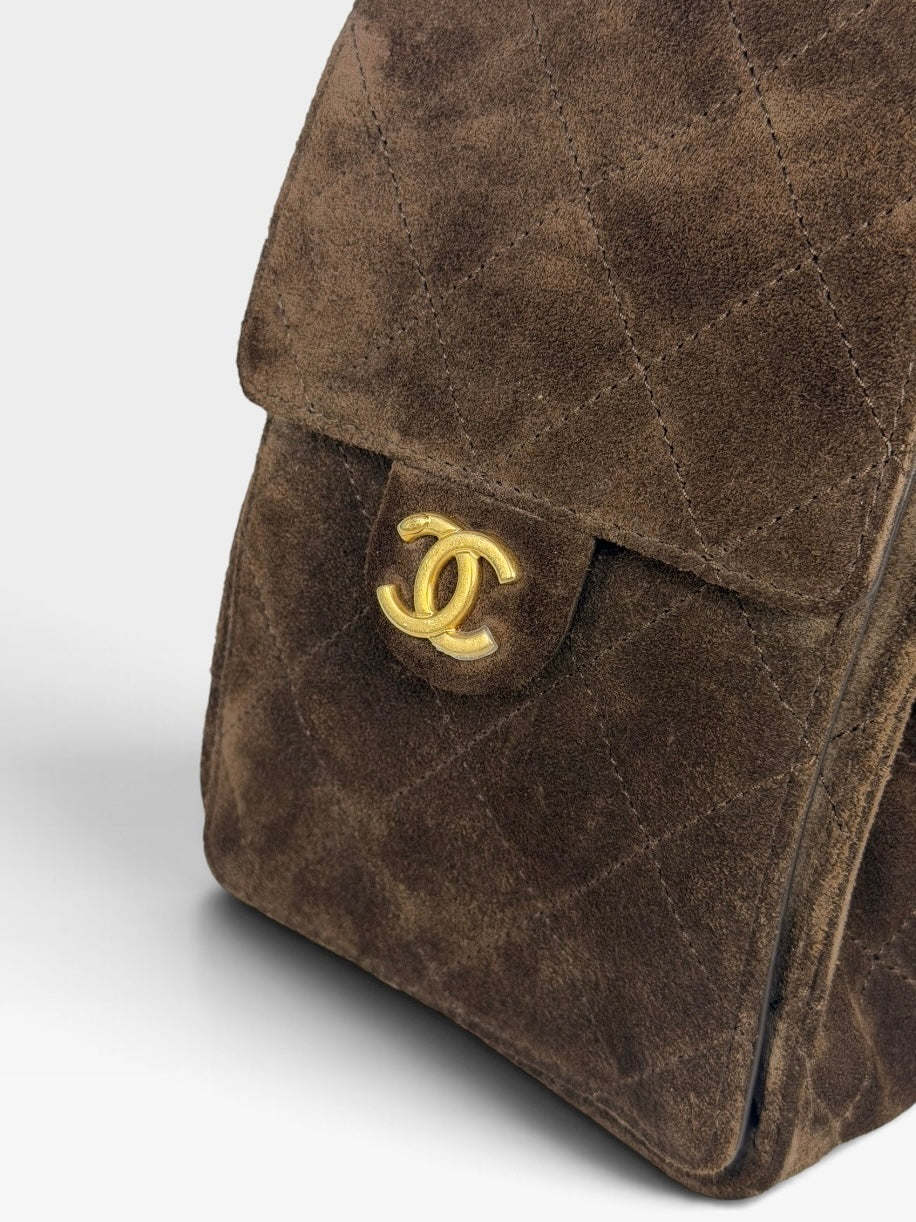 Chanel 25 Small In Brown Suede With Gold Hardware. 100% authentic and preloved in excellent condition