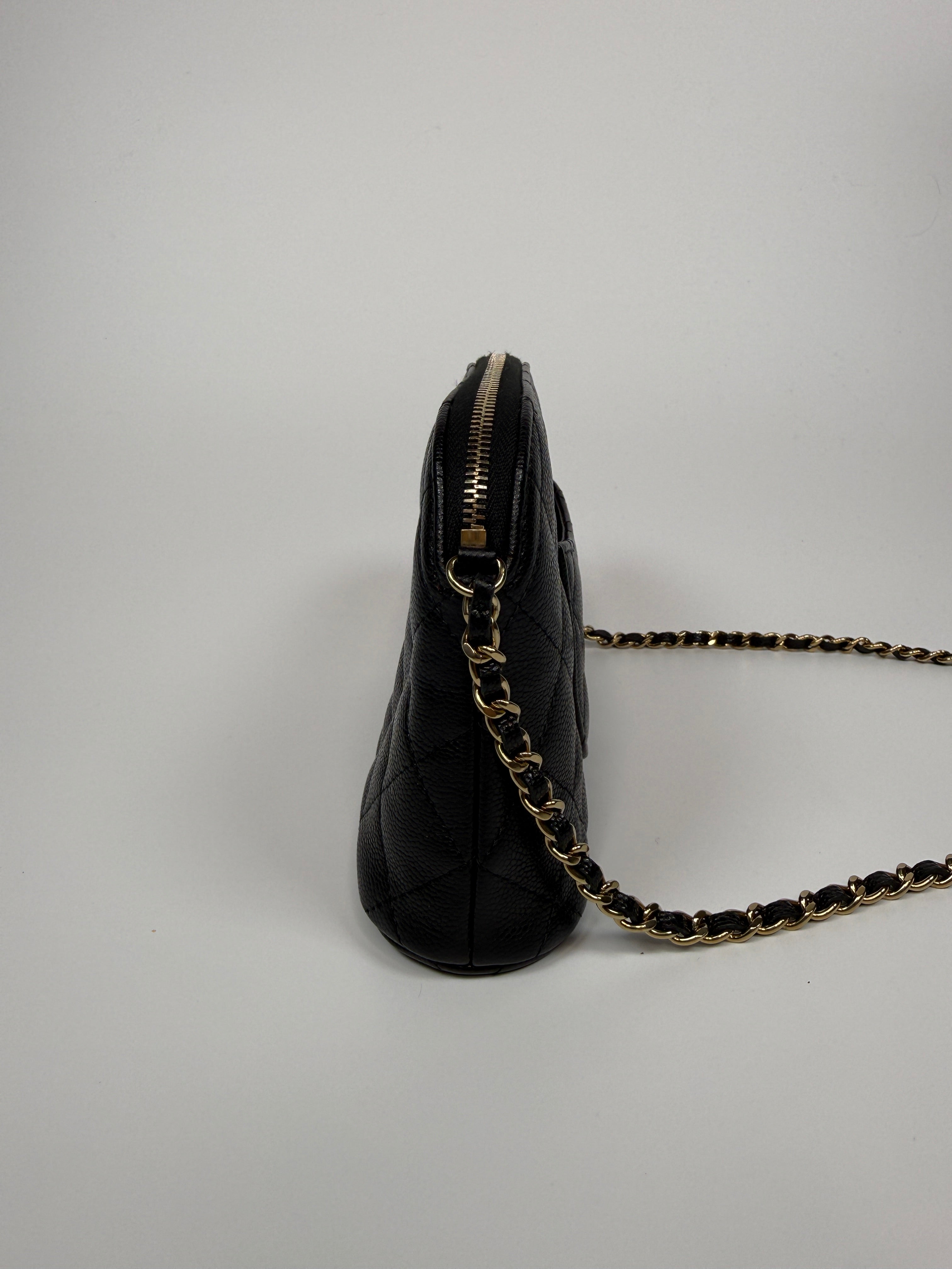 Chanel Mini Clutch On Chain Bag In Black Caviar Leather With Gold Hardware Authentic and preloved in Excellent Condition. 100% Authenticity guarantee 