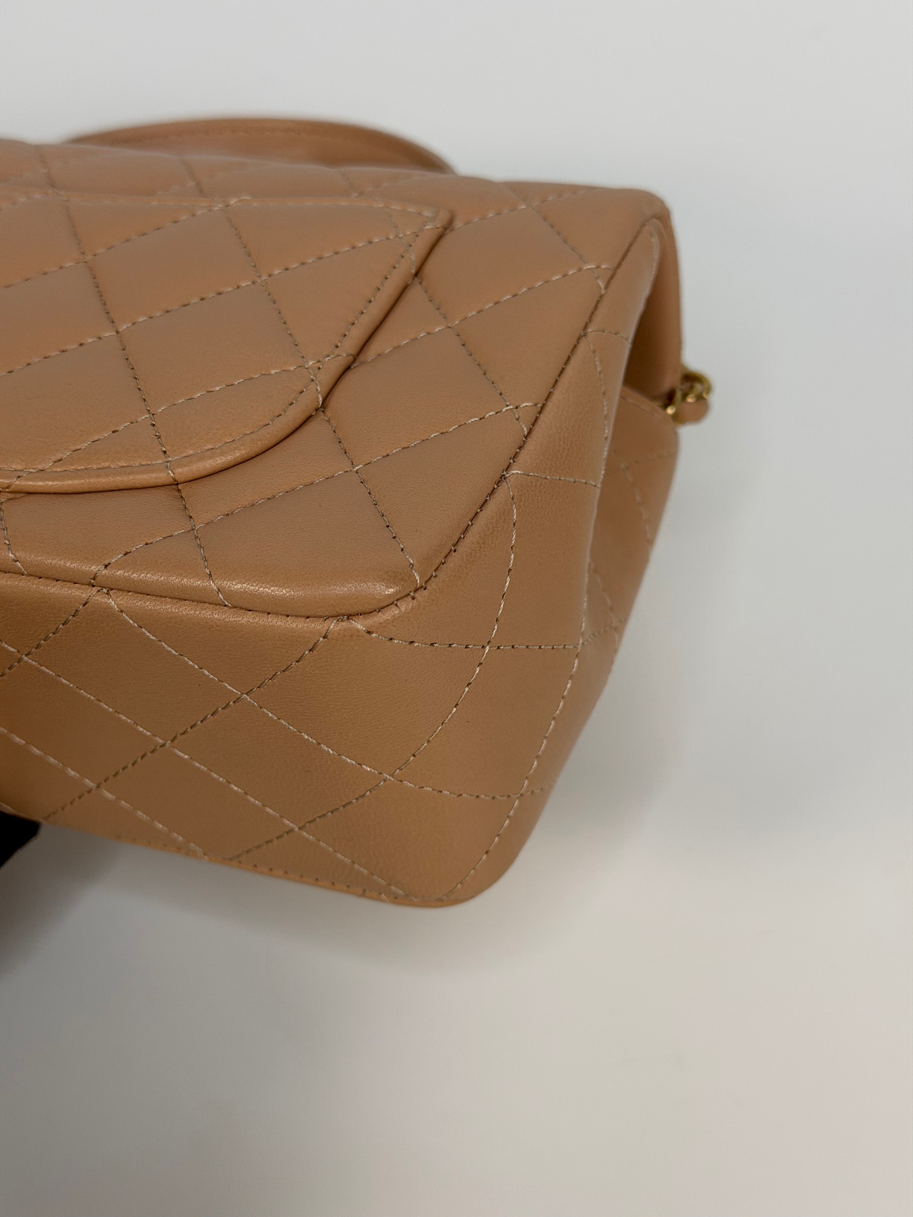 Chanel Mini Rectangle Top Handle In Beige Lambskin Leather Gold Hardware