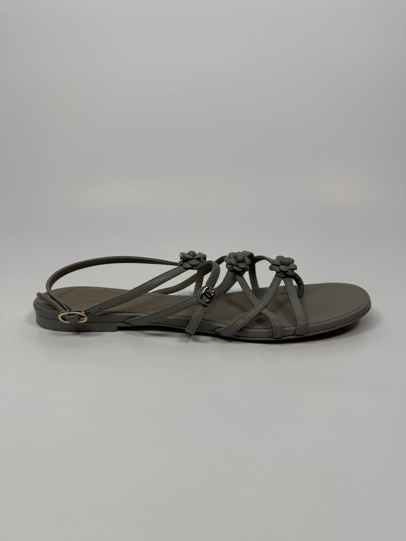 Chanel Camellia Sandals In Grey Leather Size 39.5/UK6.5