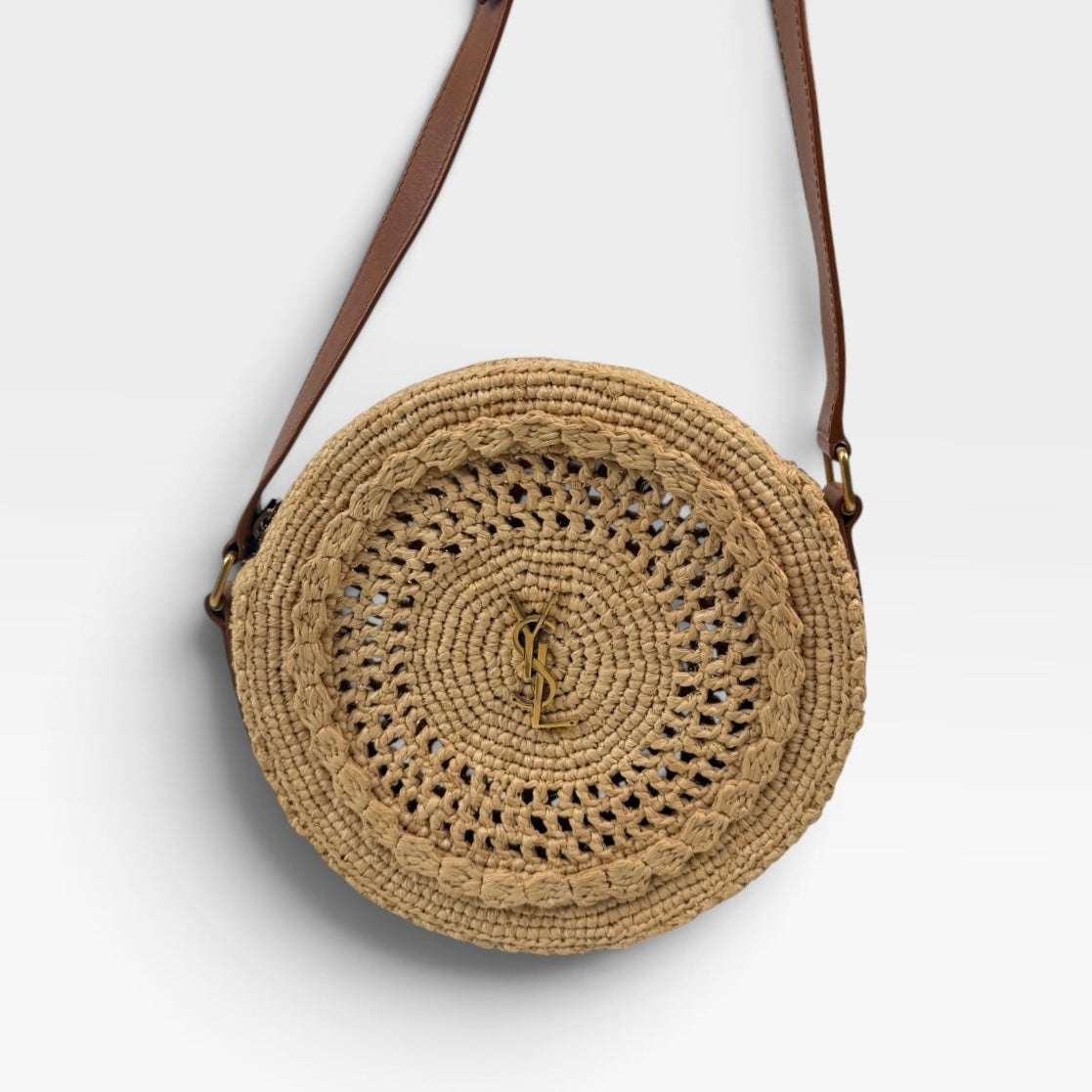 Saint Laurent Round Raffia Crossbody Bag With Gold Hardware. 100% authentic and preloved in excellent condition