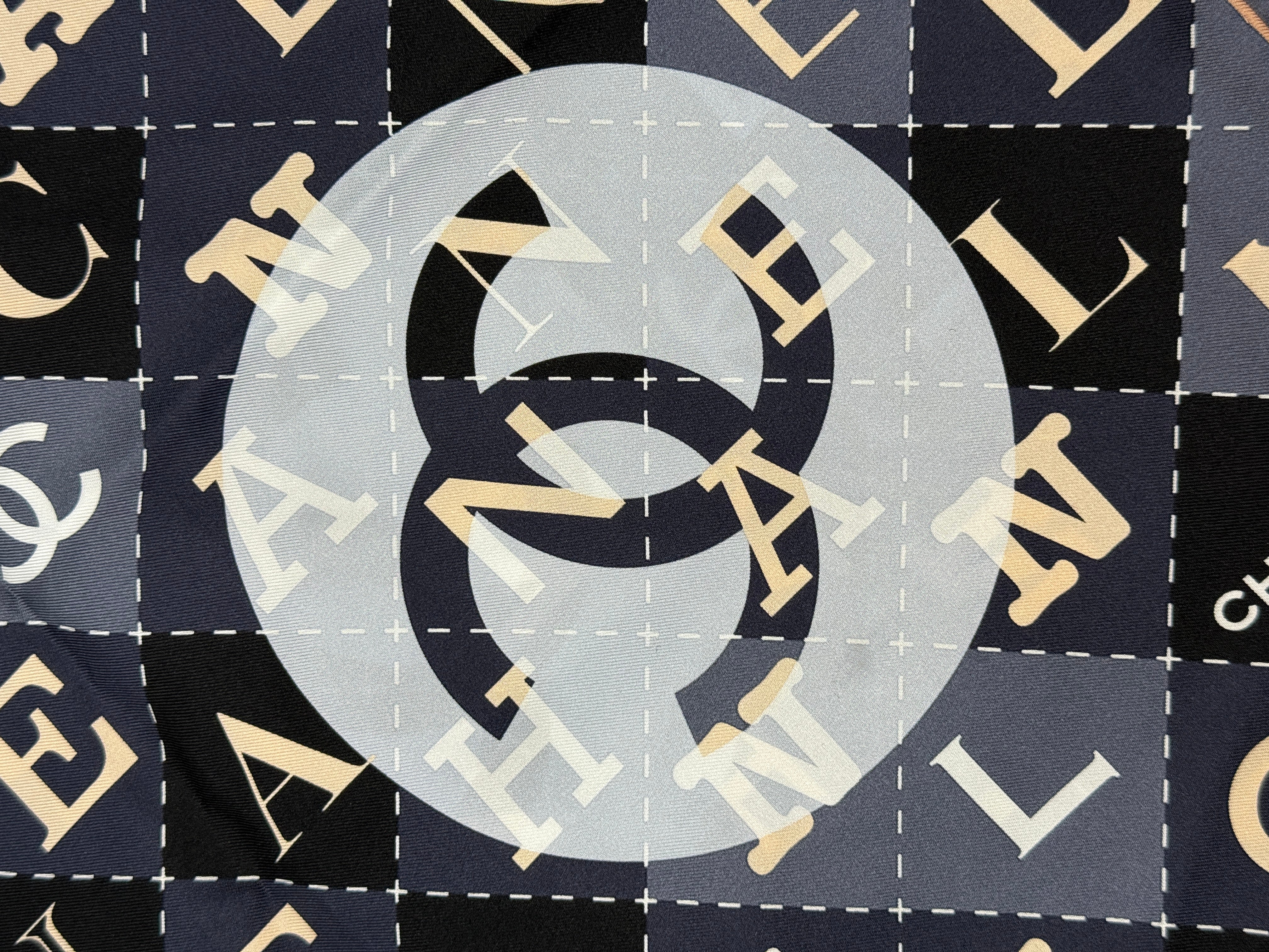 Chanel Silk CC Scarf In Navy And Nude Monogram, Authentic And Preloved In Excellent Condition
