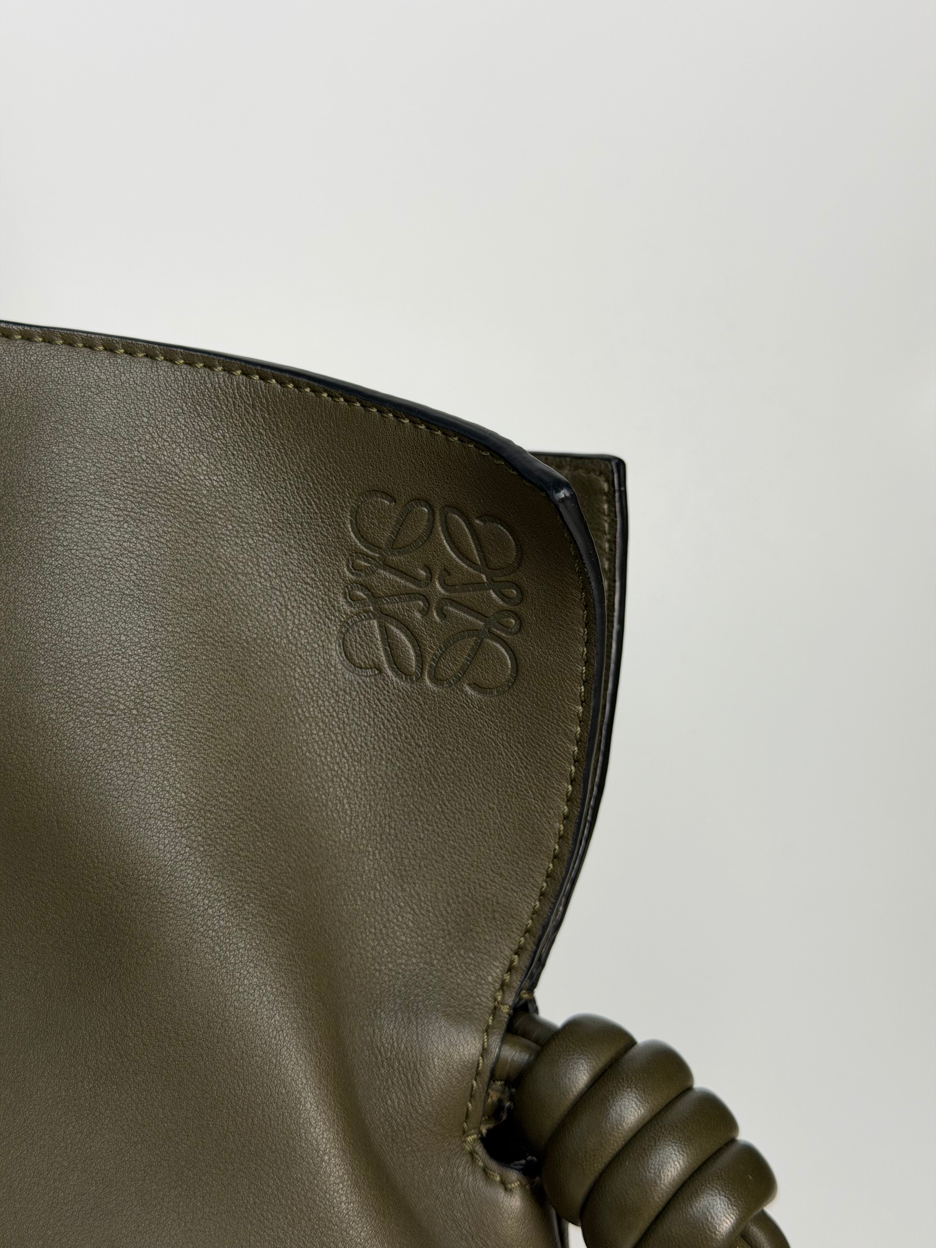 Loewe XL Flamenco Tote Bag In Khaki With Gold Hardware. Authentic and preloved in excellent condition