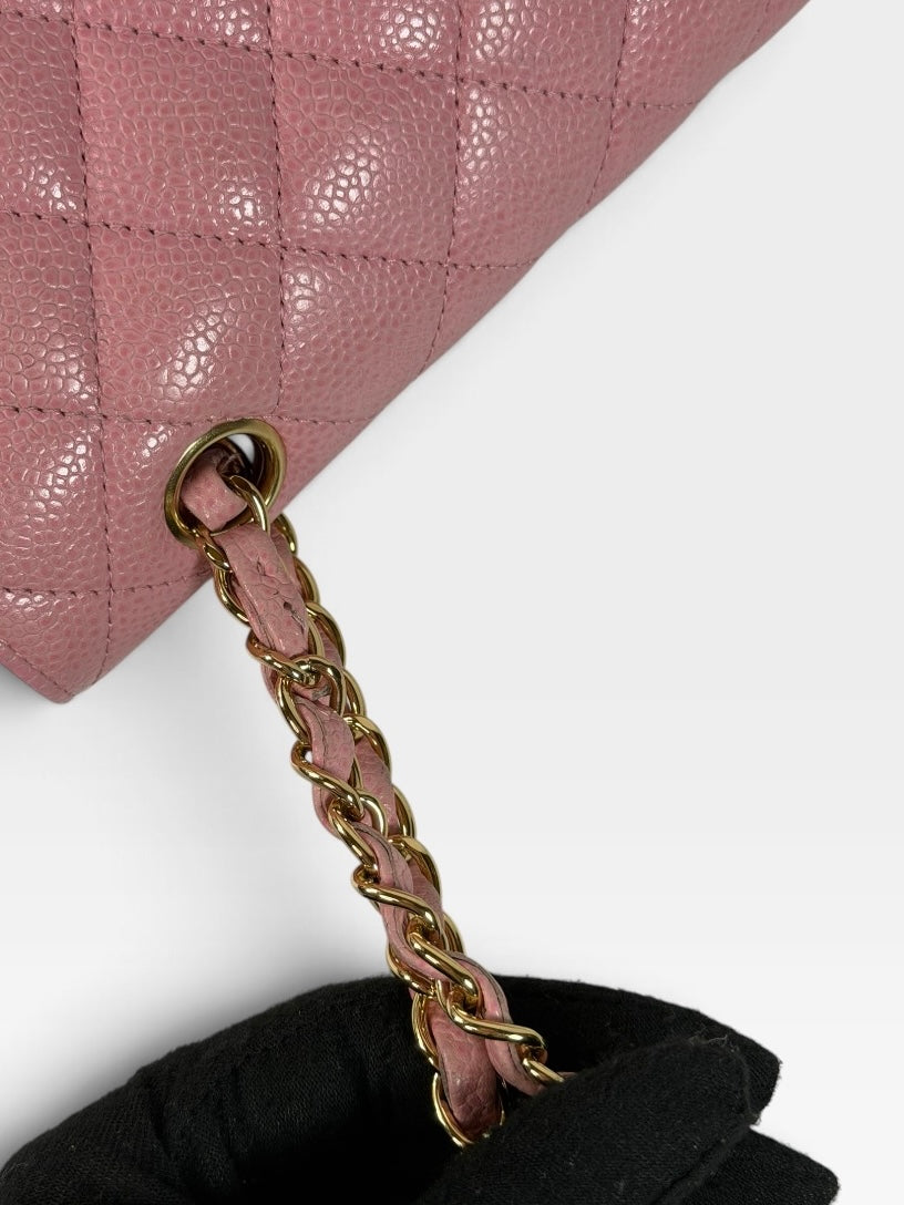 Chanel Vintage Medium Classic Double Flap In Pink Caviar Leather With 24Kt Gold Hardware 100% authentic and preloved in excellent condition