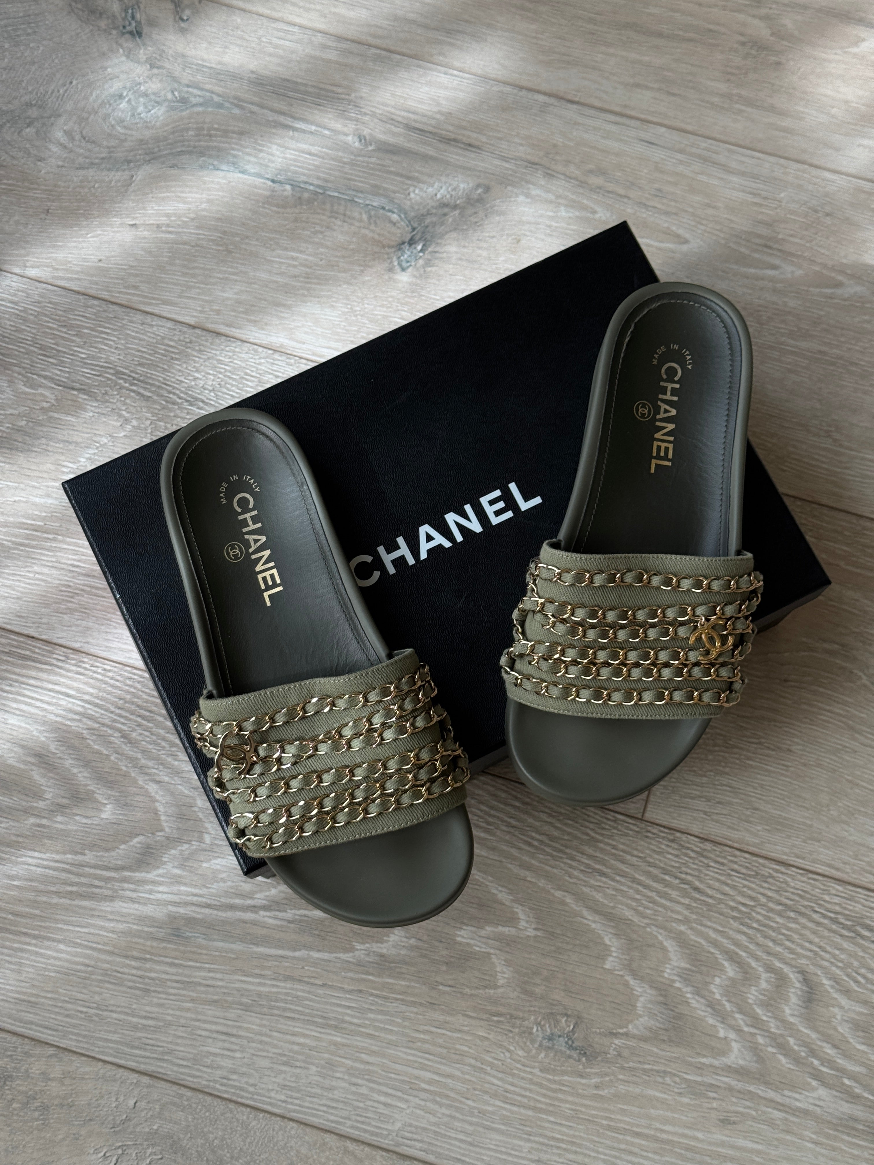Chanel Chain Embellished Canvas CC Flat Slides  (Size 38/UK 5)