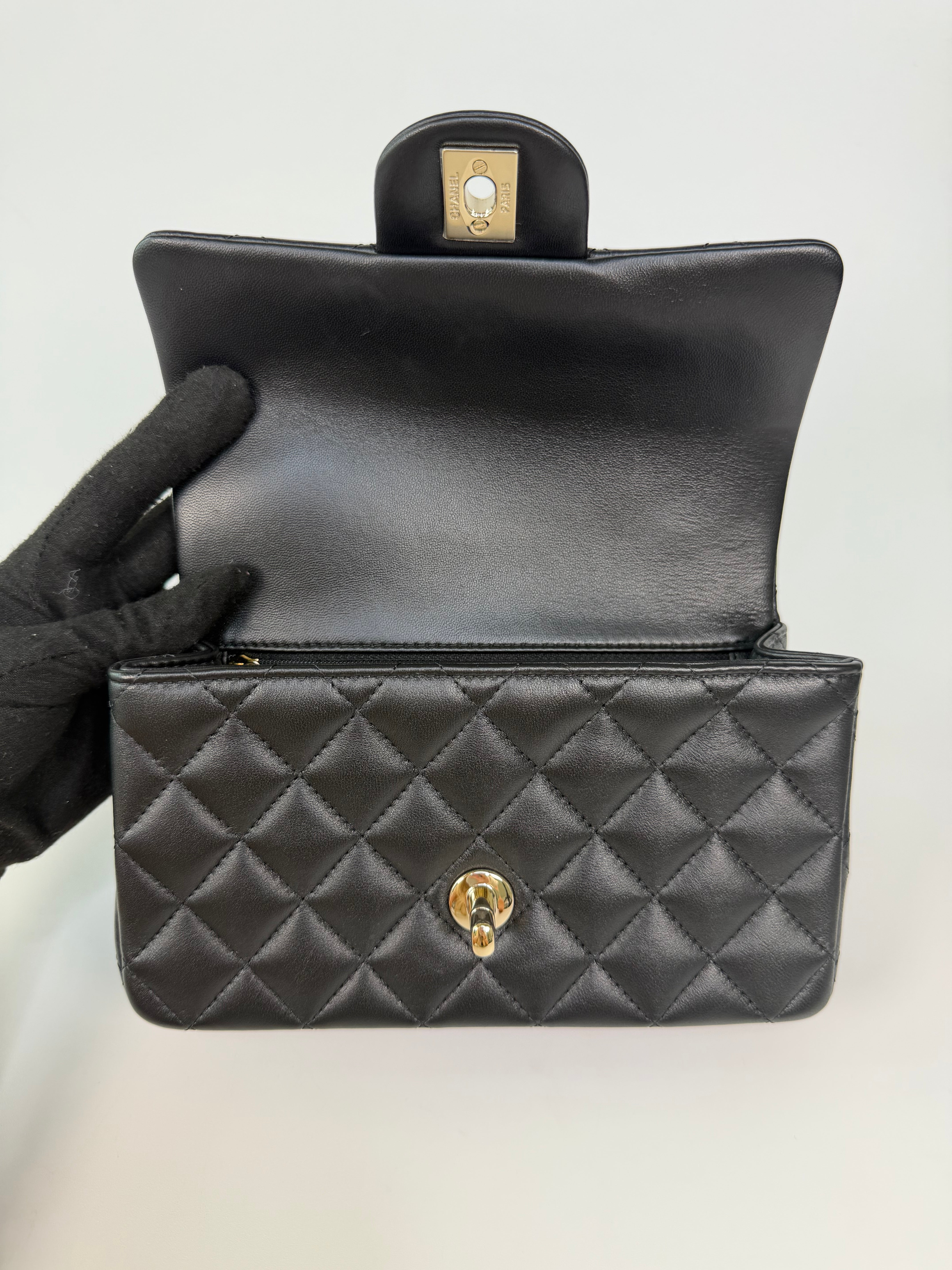 Chanel Mini Rectangle Top Handle In Black Lambskin Leather With Pale Gold Hardware