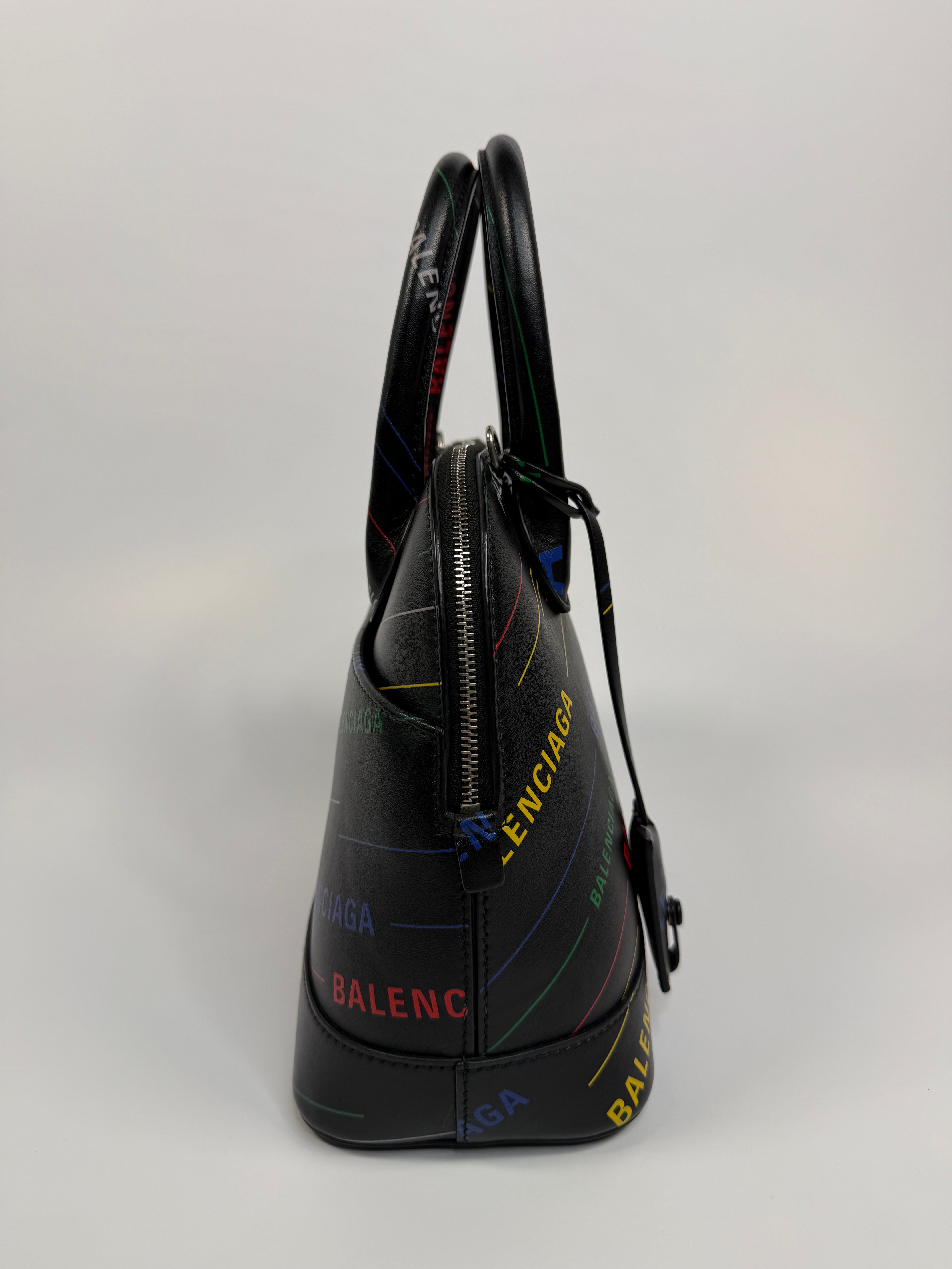 Balenciaga Ville Top Handle Bag In Black with Coloured Logo Writing. Authentic and preloved in excellent condition