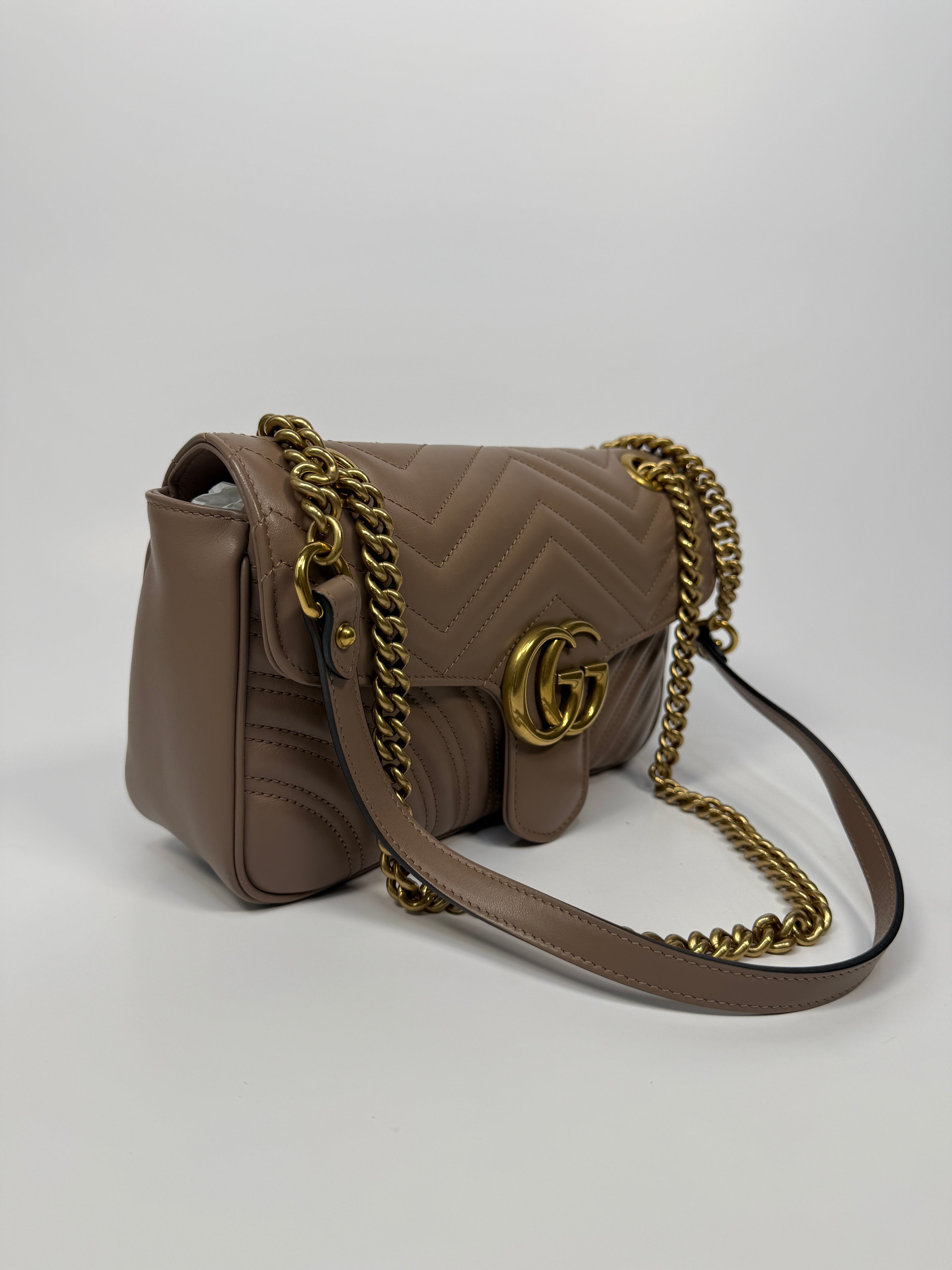 Gucci GG Medium Marmont Matelasse Shoulder Bag In Taupe Leather