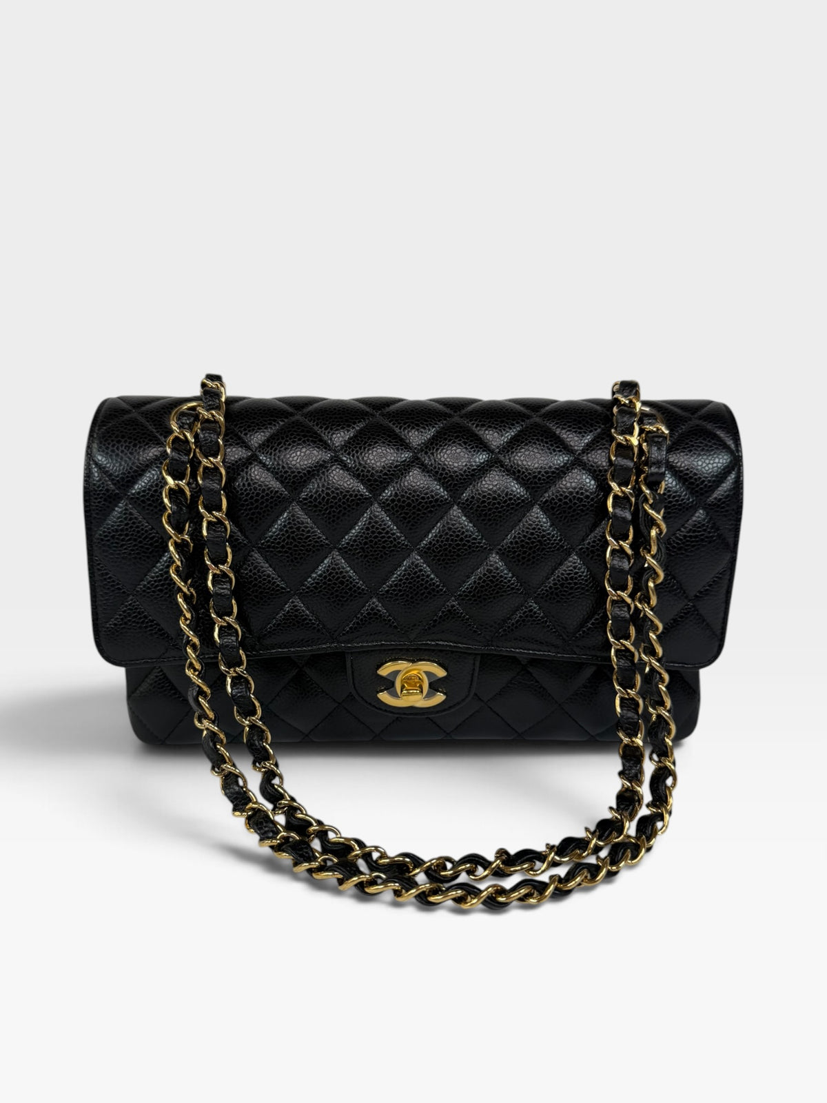 Chanel Medium Classic Double Flap In Black Caviar Leather Gold Hardware