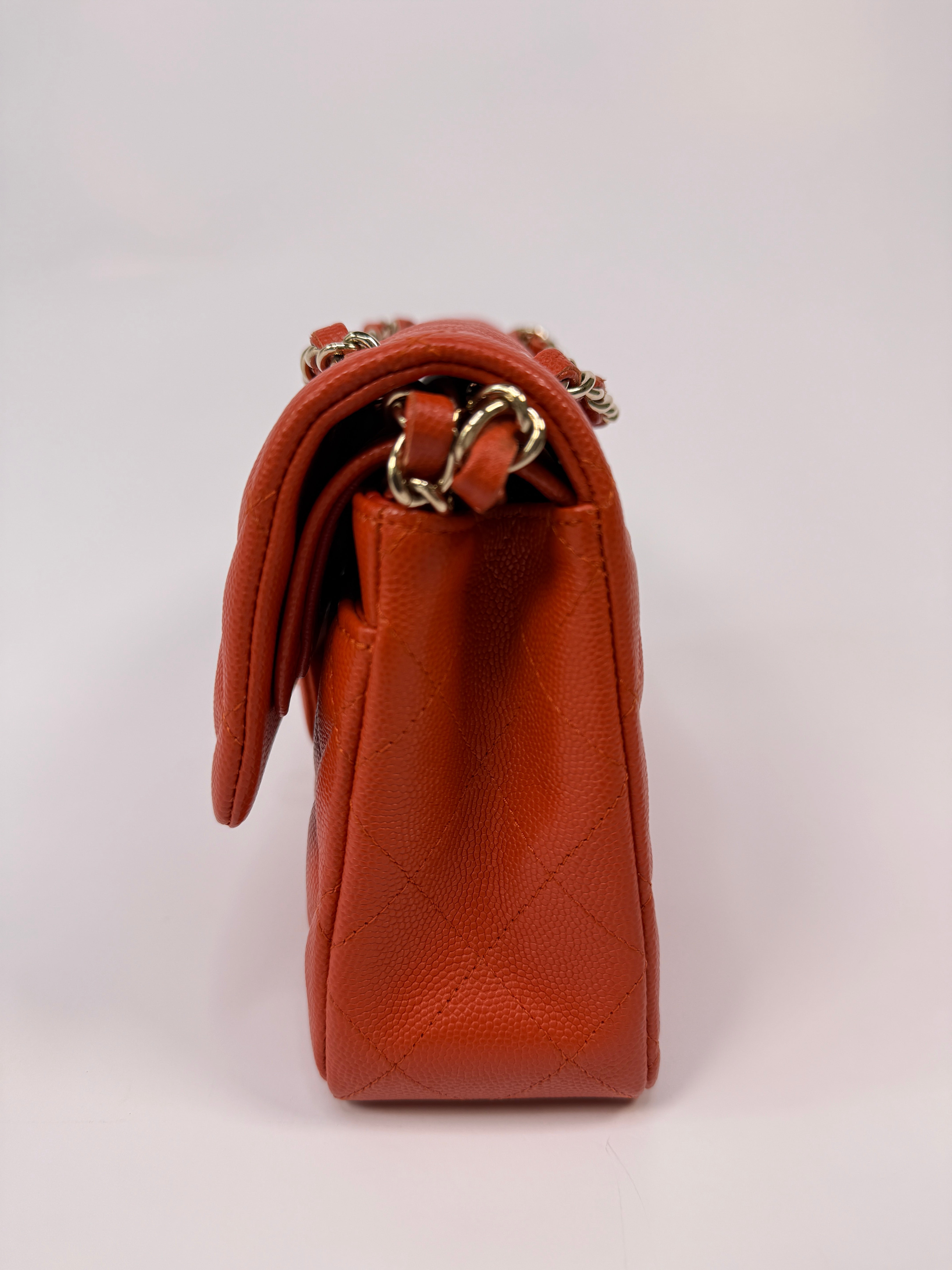 Chanel Small Classic Double Flap In Orange/Red Caviar Leather With PGHW