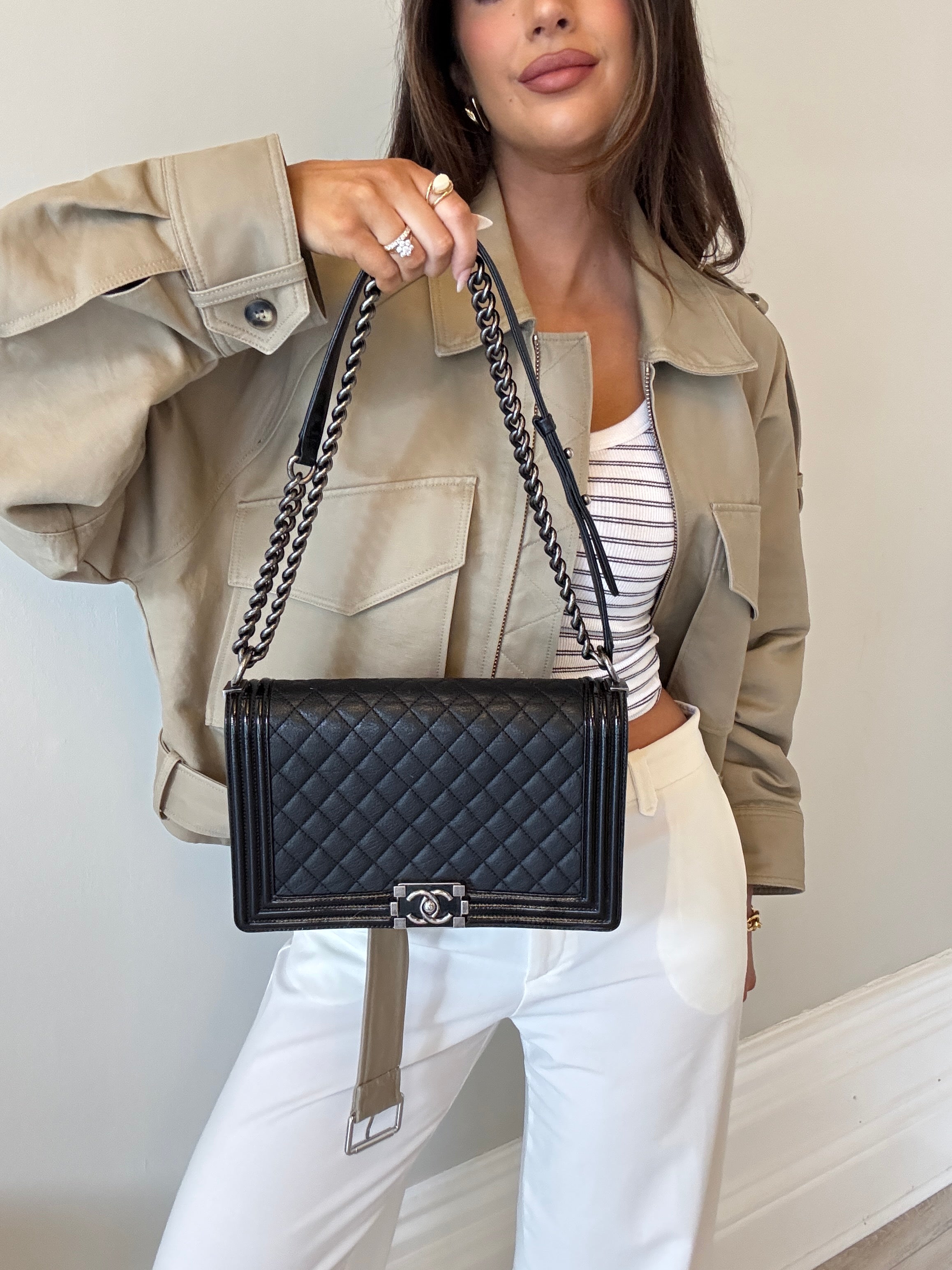 Chanel Boy Bag Large In Black Calfskin Leather With Silver Hardware
Pre Loved & Authentic 