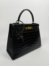Hermès Vintage Kelly 28 In Shiny Black Crocodile With GHW