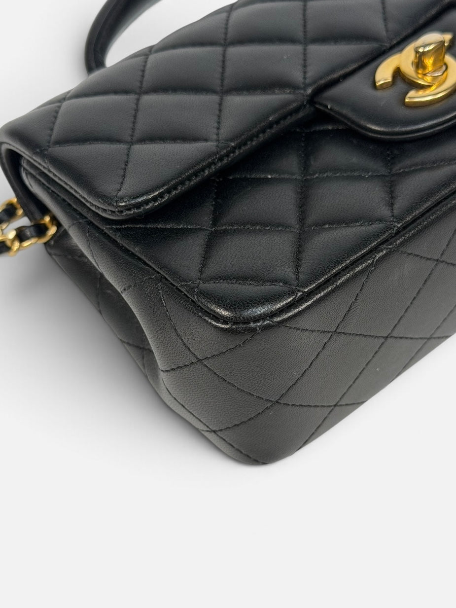 Chanel Mini Rectangle Top Handle In Black Lambskin With Gold Hardware
