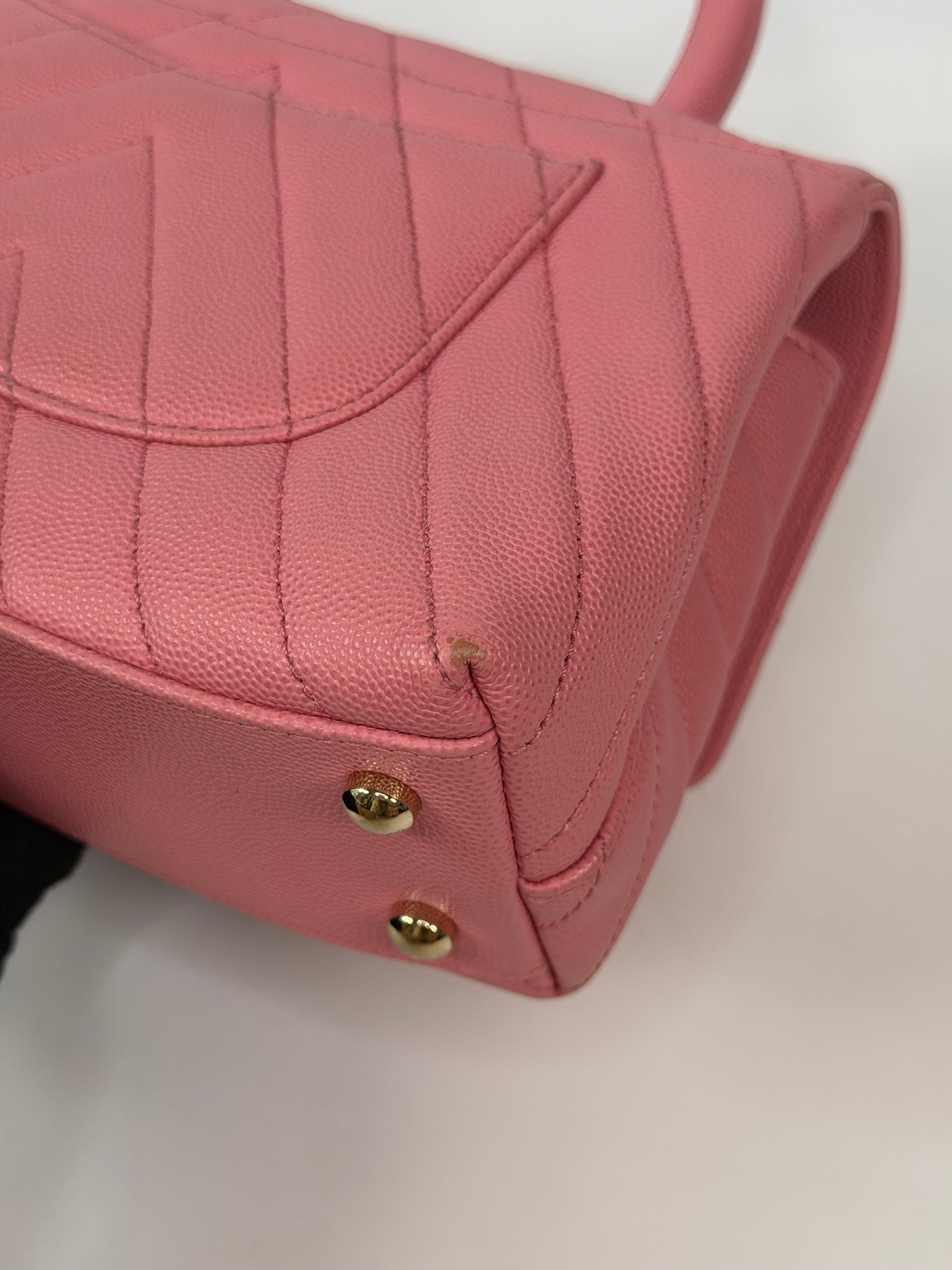 Chanel Small Chevron Coco Top Handle In Pink Caviar With Gold Hardware. 100% authentic and preloved in very good condition.
