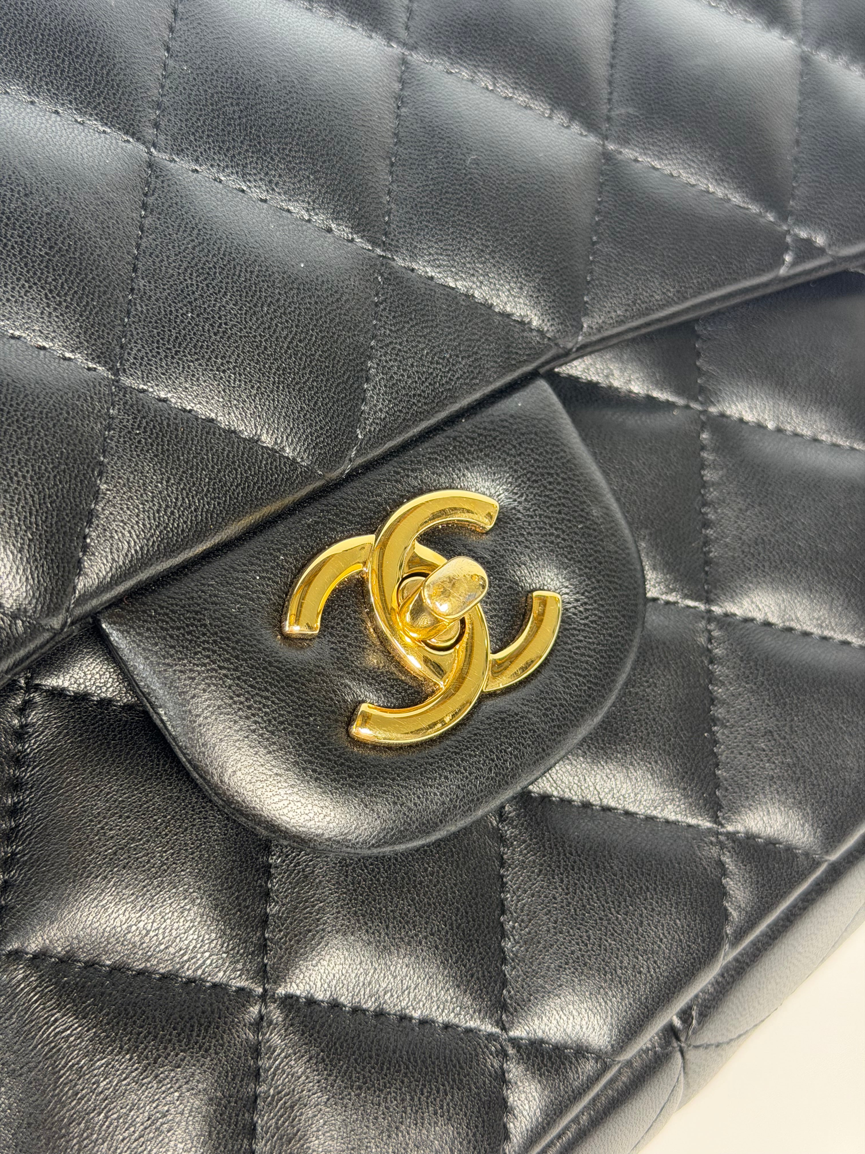 Chanel Black Lambskin Leather Jumbo Classic Double Flap Gold Hardware