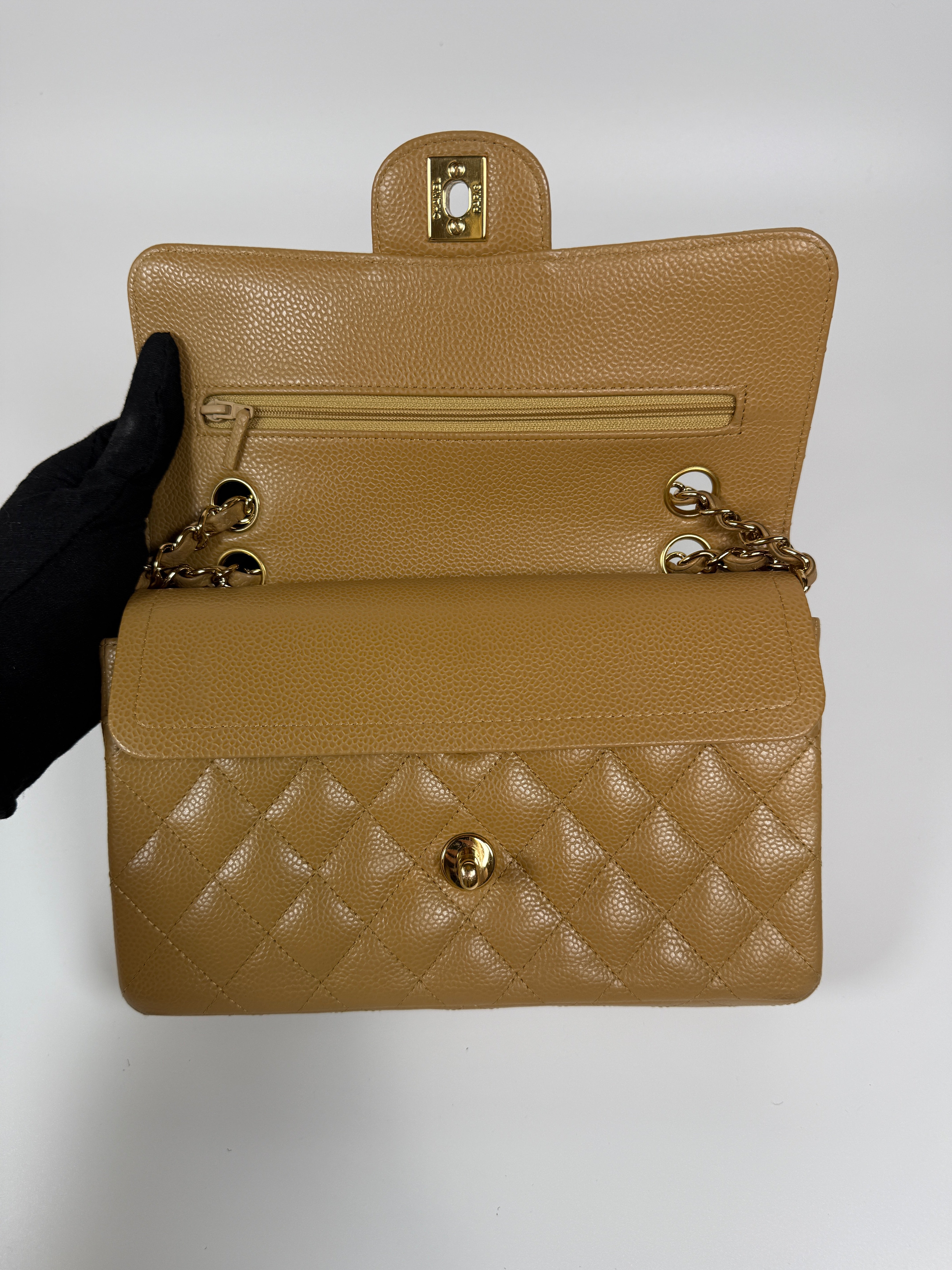 Chanel Small Classic Double Flap In Beige Caviar Leather With 24kt Gold Hardware. Authentic and Preloved. Excellent Condition, 100% Authenticity guarantee 