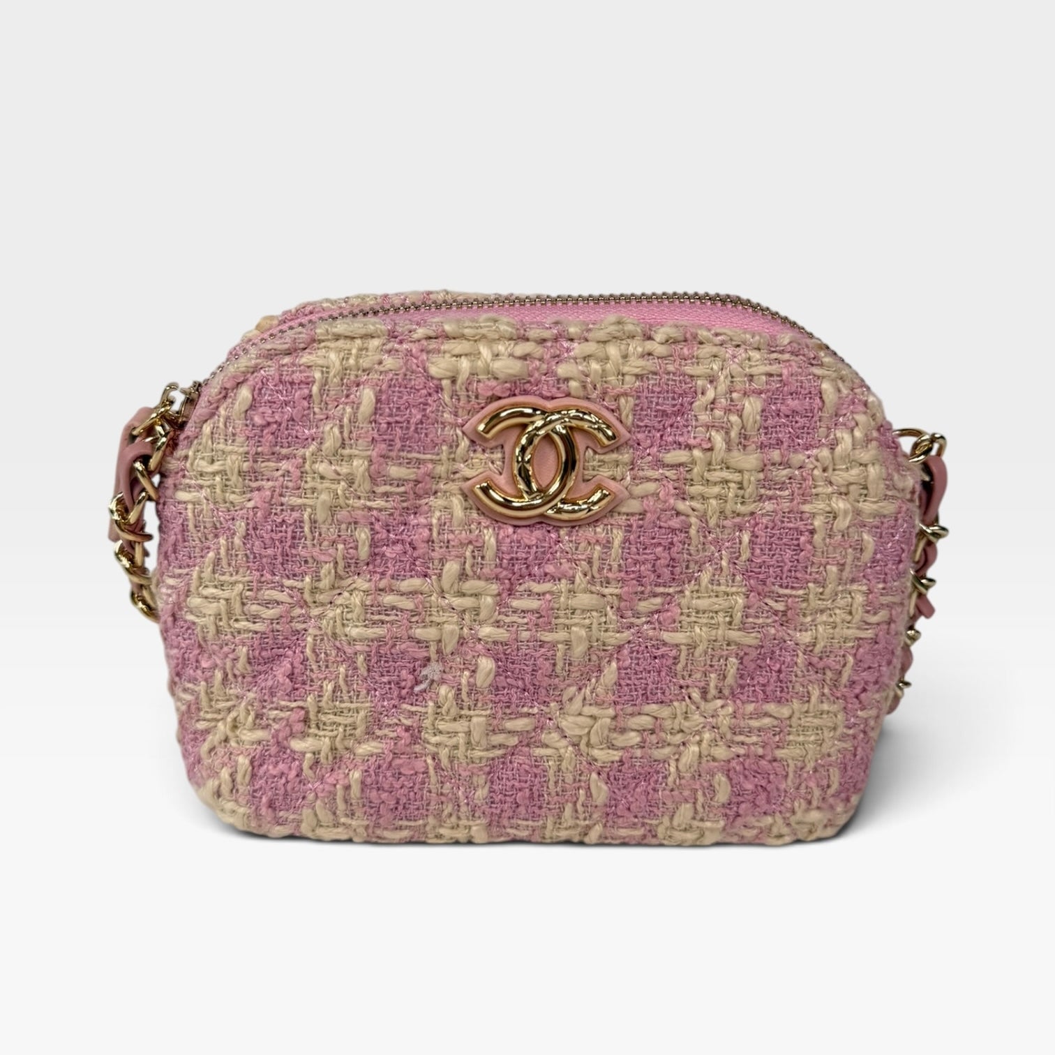 Chanel Mini Pouch On Chain Bag In Pink Tweed With Gold Hardware. 100% authentic and preloved in excellent condition.