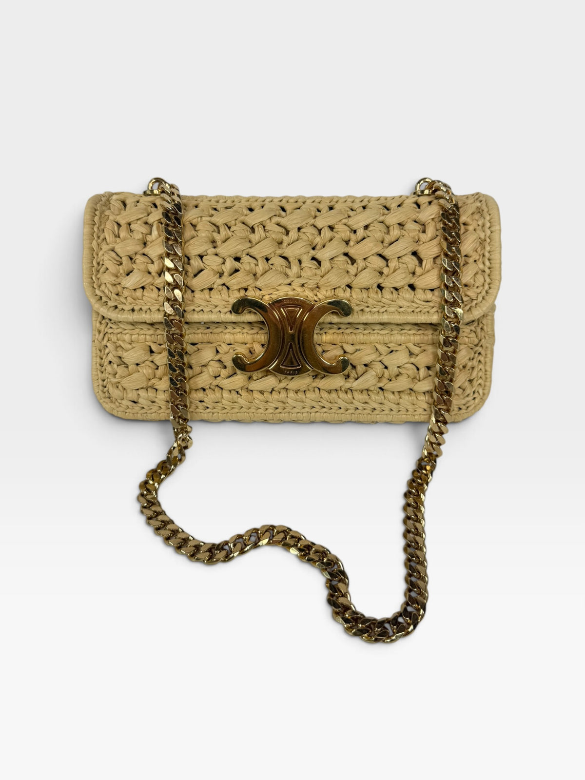 Celine Chain Shoulder Bag Claude In Natural Raffia With Gold Hardware. 100% authentic and preloved in excellent condition