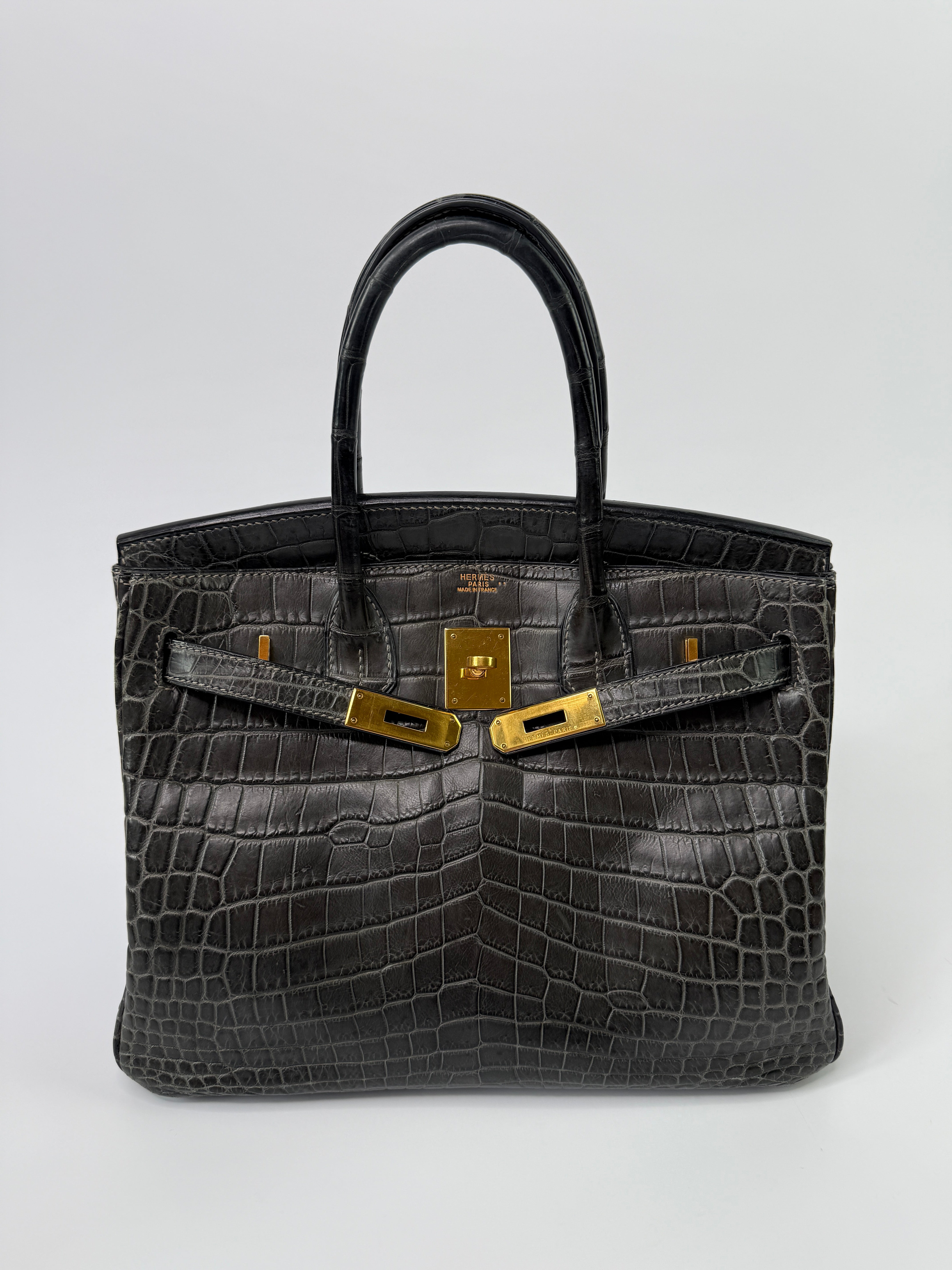 Authentic Pre Loved Hermès Birkin 30 In Matte Graphite Crocodile With Gold Hardware Excellent Condition