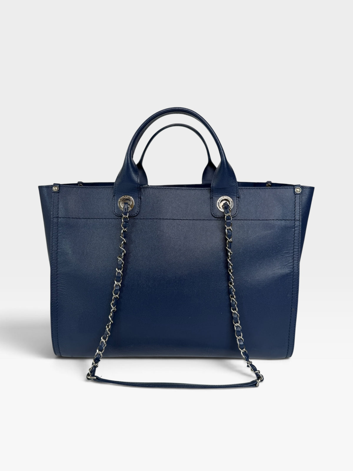 Chanel Medium Deauville In Blue Leather With Silver Hardware. Authentic and preloved in very good condition. 100% Luxe guarantee 