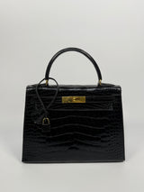 Hermès Vintage Kelly 28 In Shiny Black Crocodile With GHW