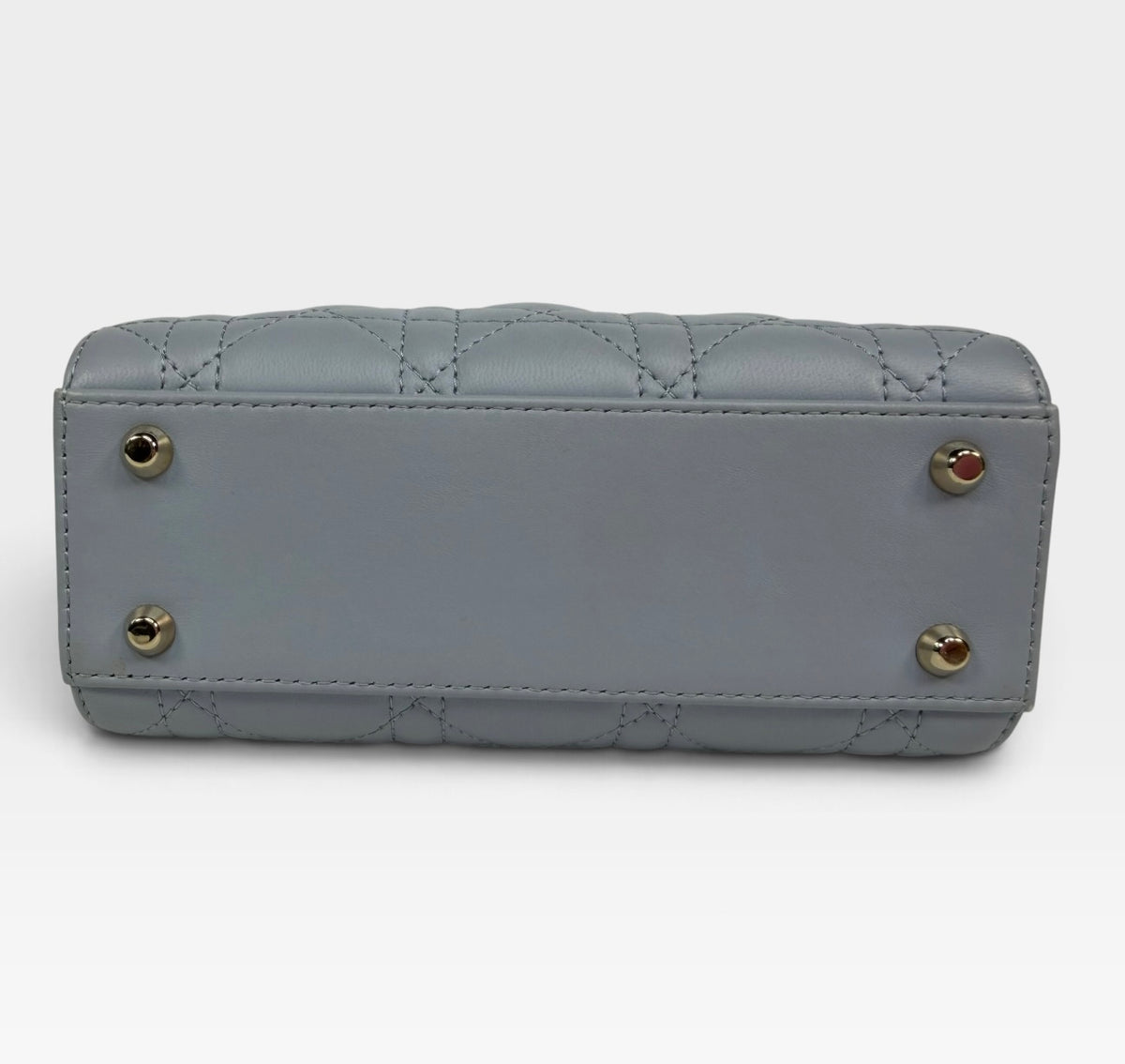 Christian Dior Mini Lady Dior In Pale Blue Cannage Leather With Pale Gold Hardware. 100% Authentic and Preloved in excellent condition. 100% Guarantee