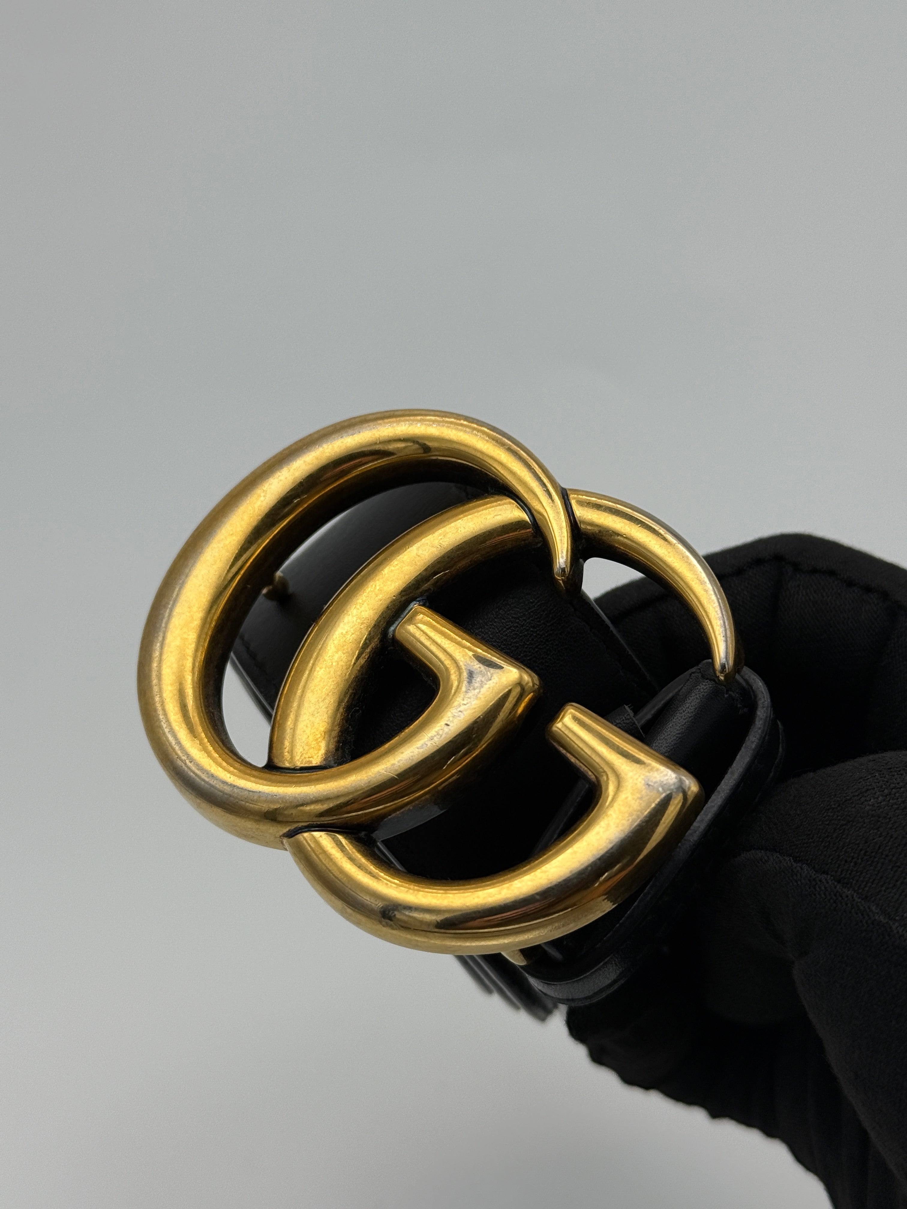 Gucci GG Marmont Wide Belt In Black Leather With Gold GG Buckle. Authentic and preloved in Excellent condition. Insured next day delivery. Verified by Luxe Cheshire. 