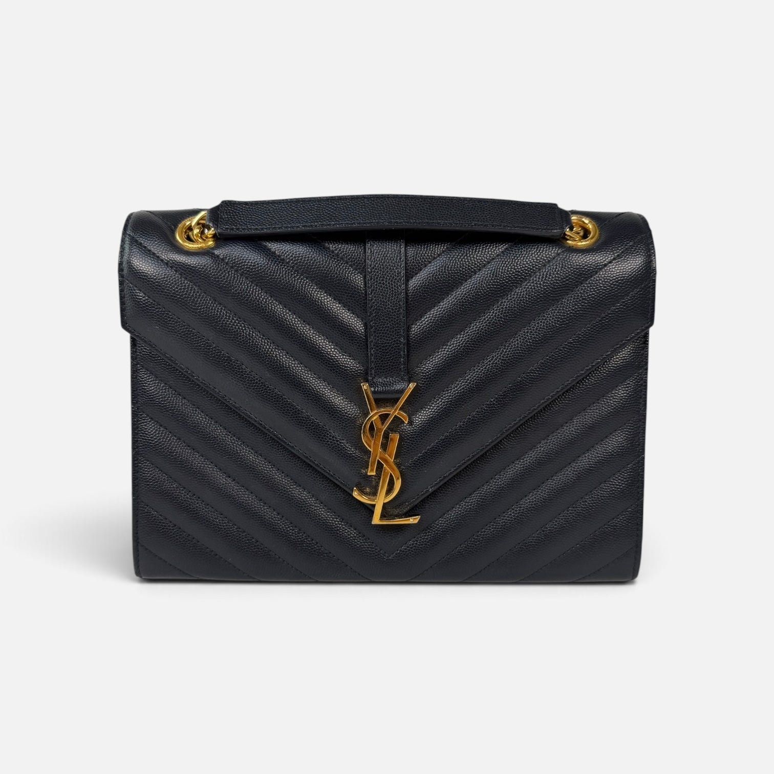 Authentic and pre loved Saint Laurent Medium Envelope Bag In Blue Grained Leather With Gold Hardware. Excellent Condition. Verified by Luxe Cheshire 