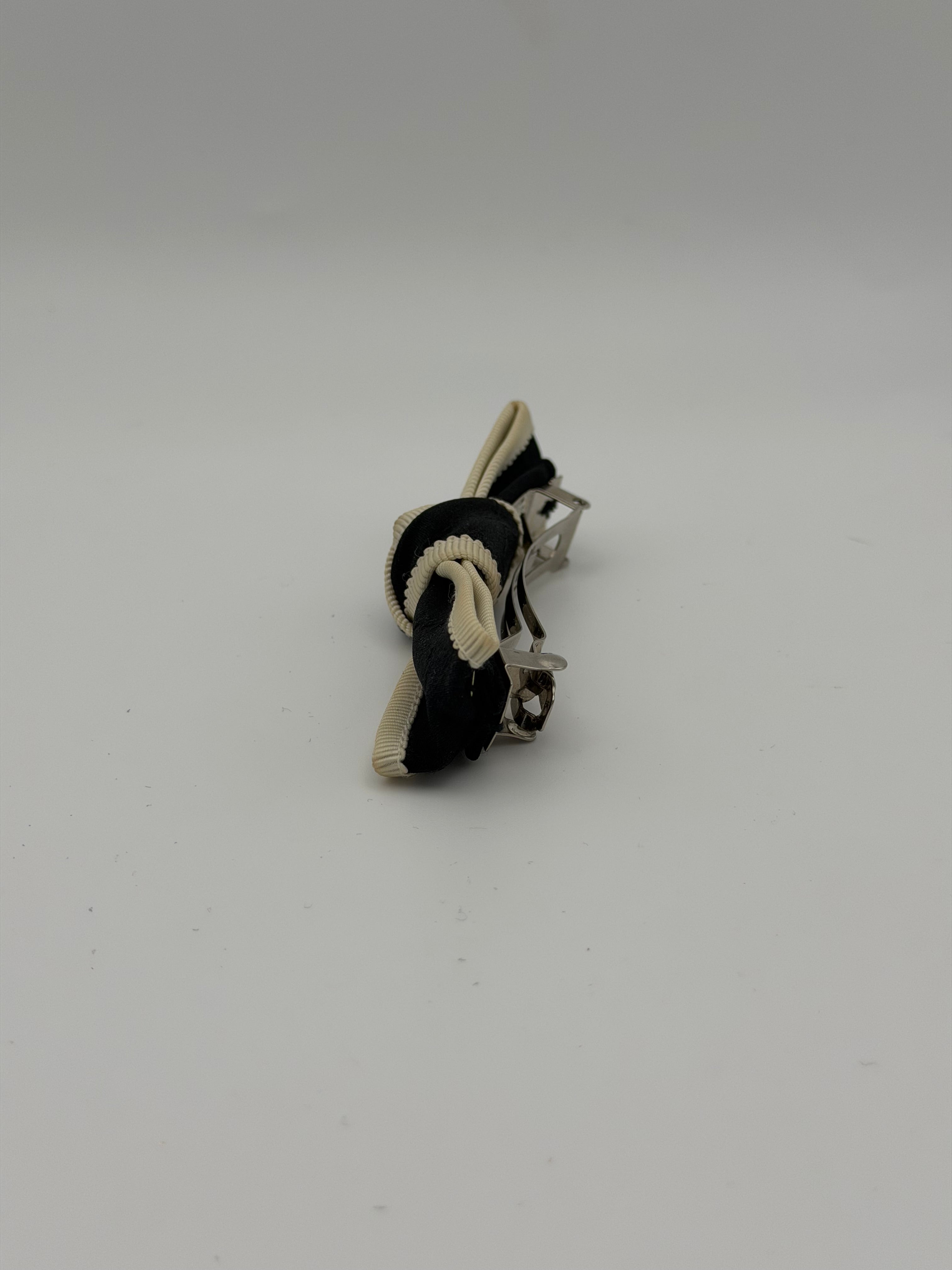 Chanel CC Logo Ribbon Bow Barrette In Black & Ivory Fabric With Silver Hardware