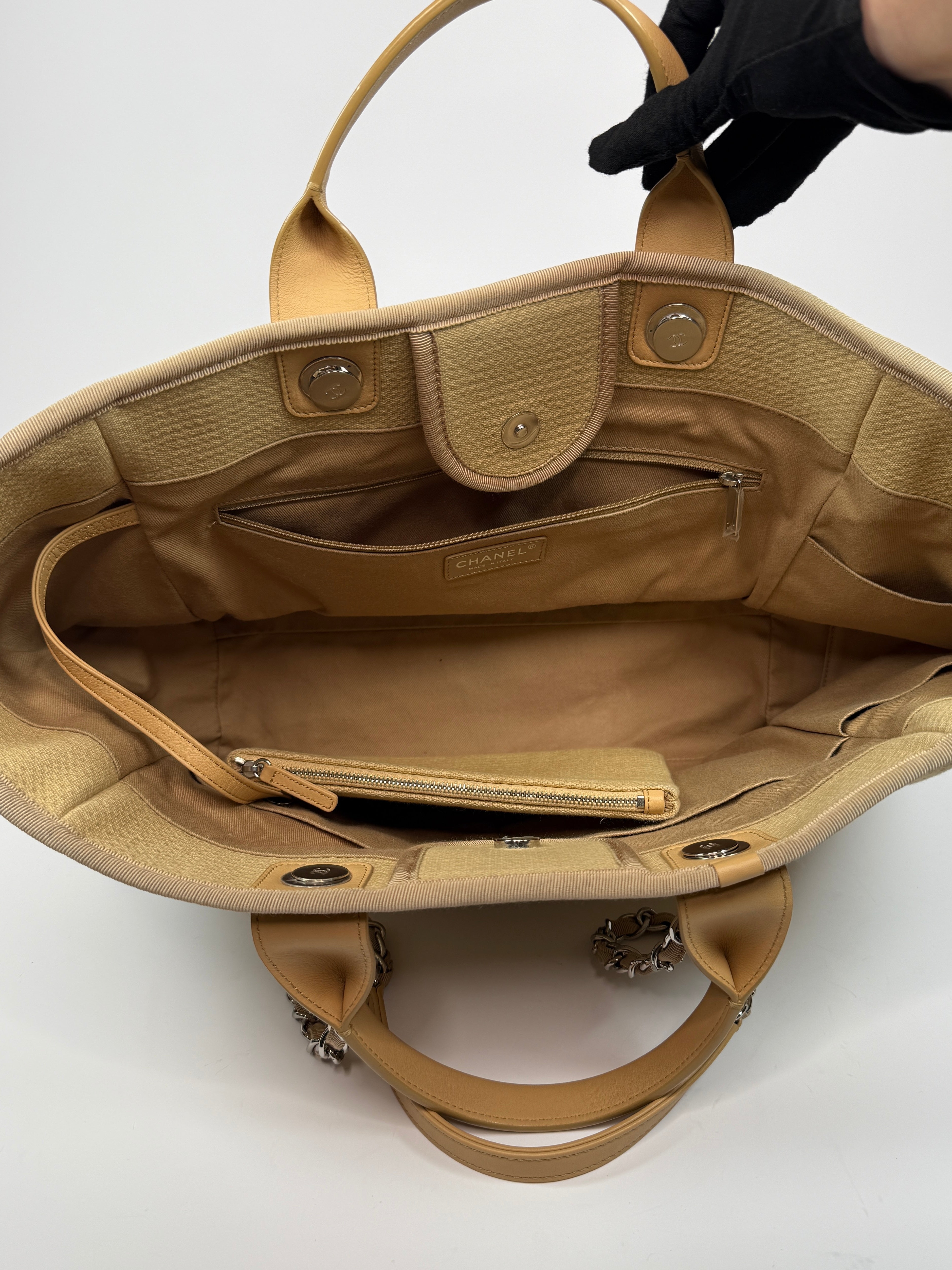 Chanel Large Deauville Tote Bag Large In Beige Fabric With Silver Hardware. Authentic and preloved In Very Good condition