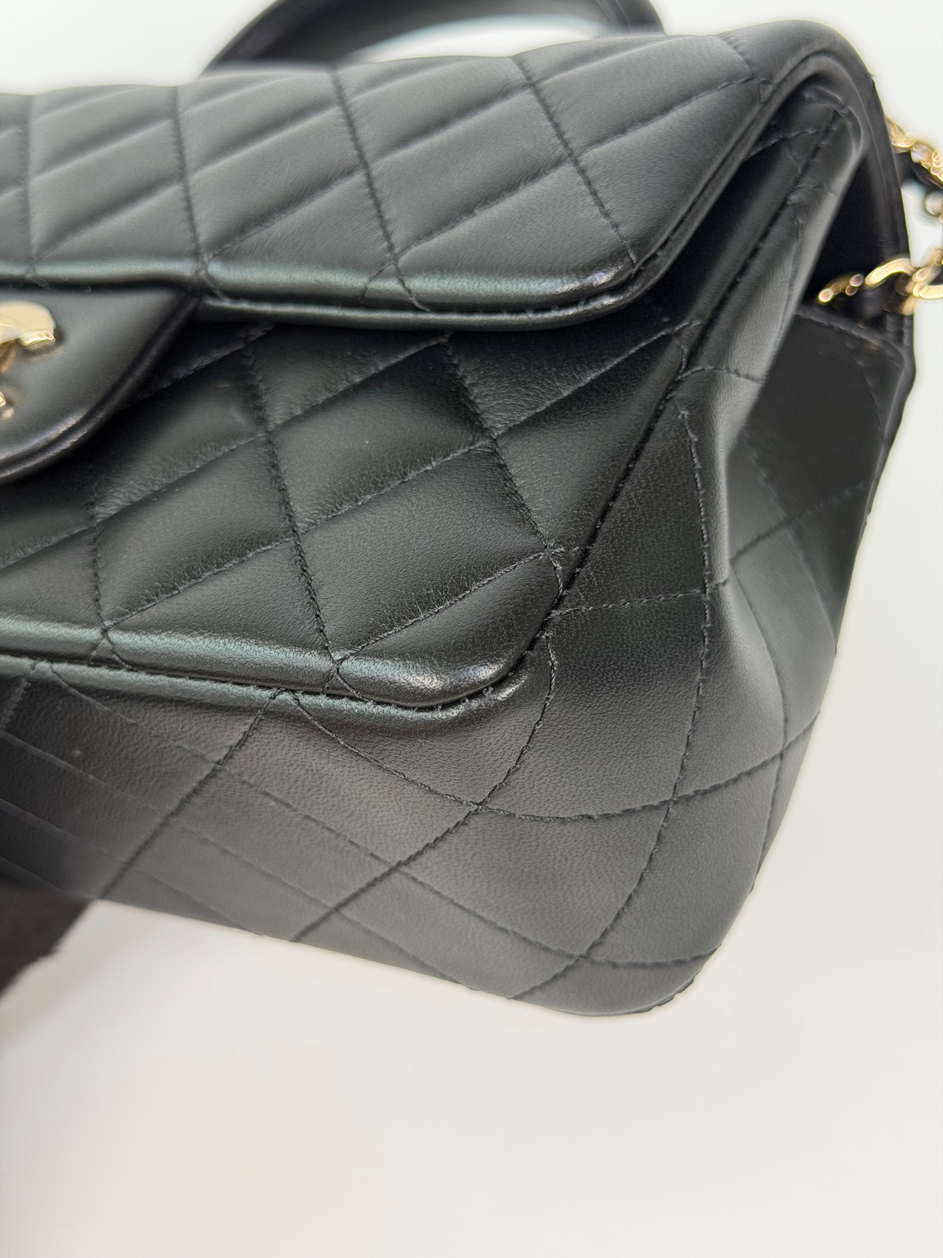 Chanel Mini Rectangle Top Handle In Black Lambskin Leather With Pale Gold Hardware