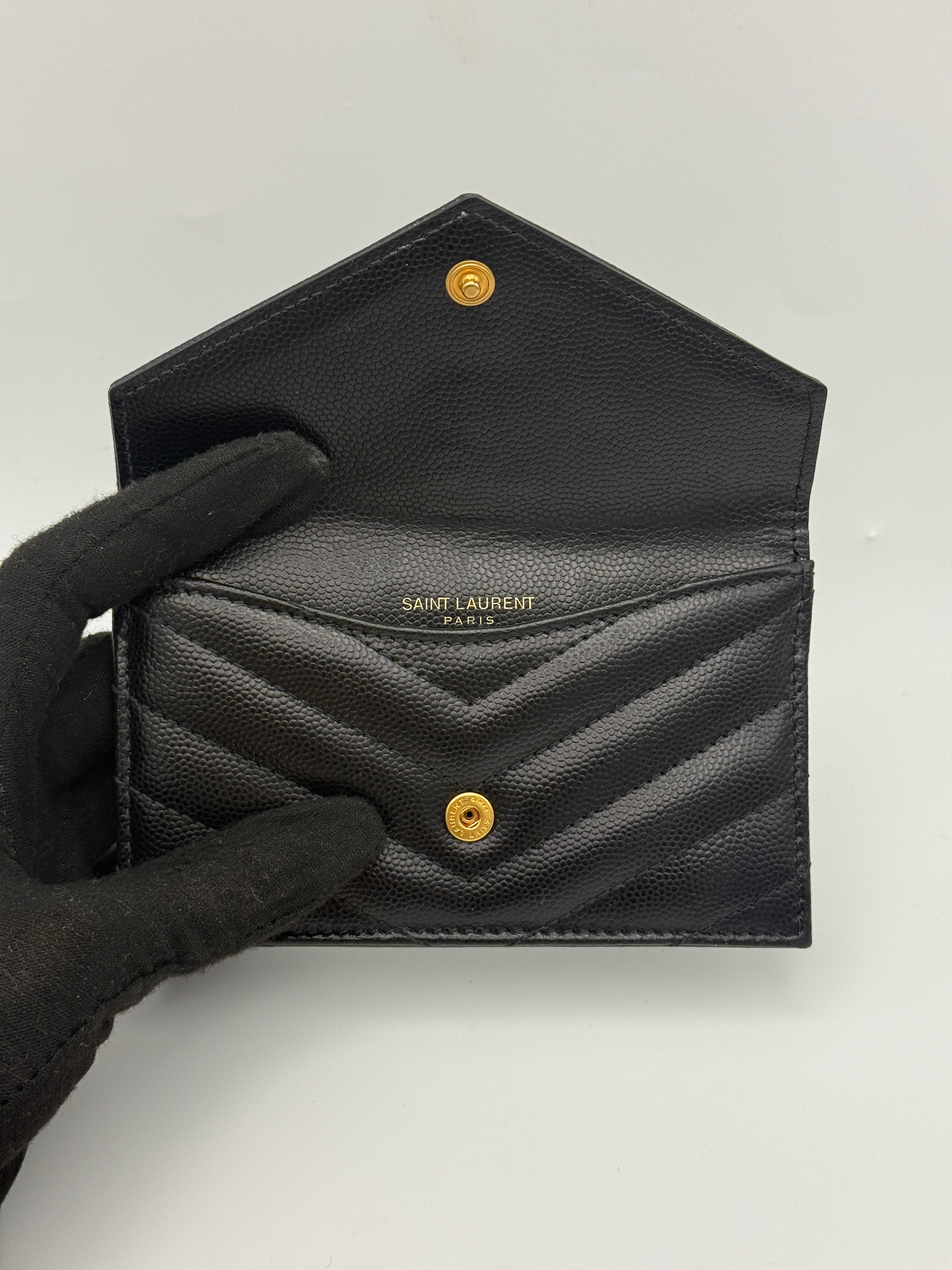 Saint Laurent Monogram Fragments Metalassé Card Holder Black Leather Gold Hardware. Authentic and preloved. Excellent Condition. 100% Authenticity guarantee 