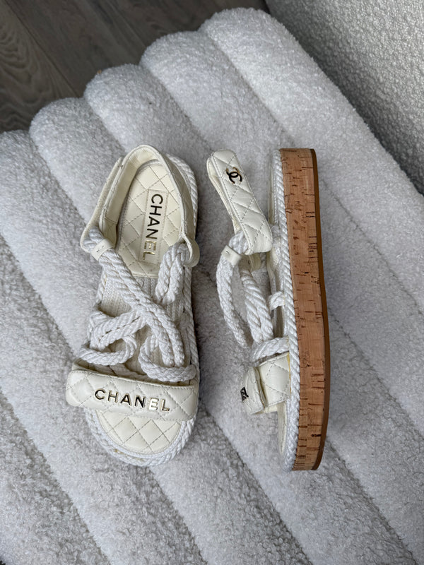 Chanel Ivory Cord And Lambskin Sandals (Size 38/UK5)
