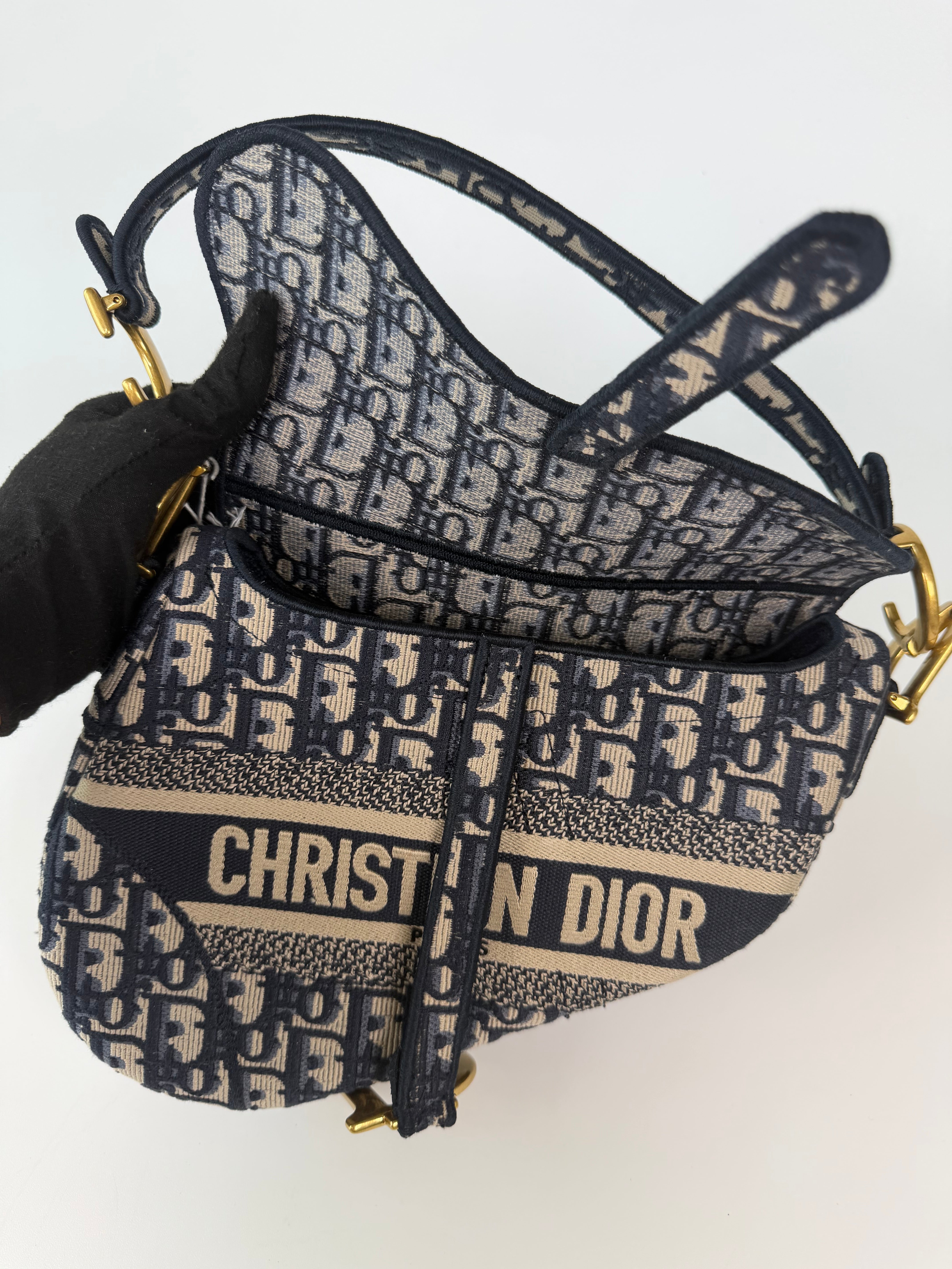 Christian Dior Saddle Bag In Blue Oblique Canvas With Gold Hardware