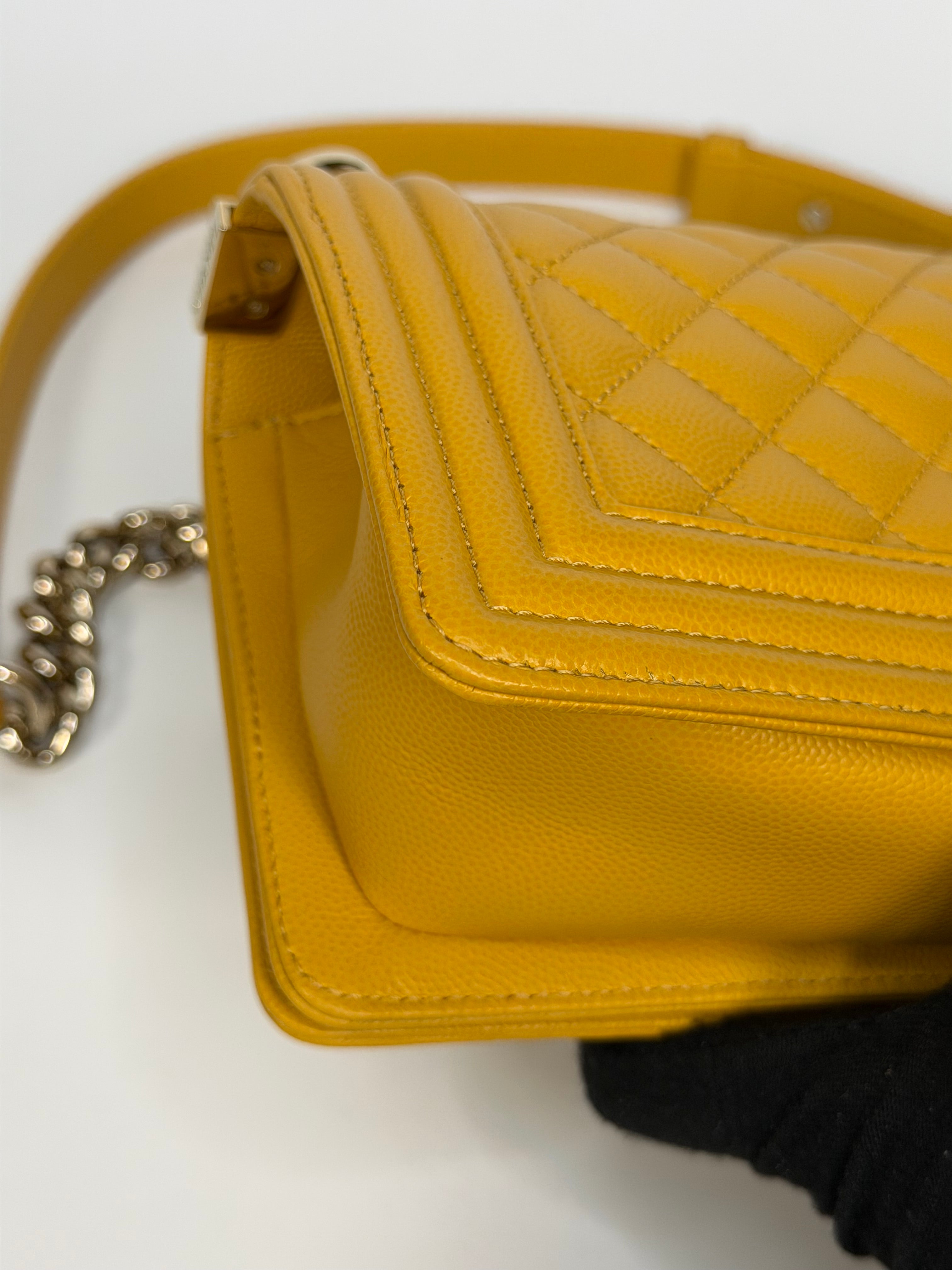 Chanel Small Boy Bag In Yellow Caviar Leather With Pale Gold Hardware