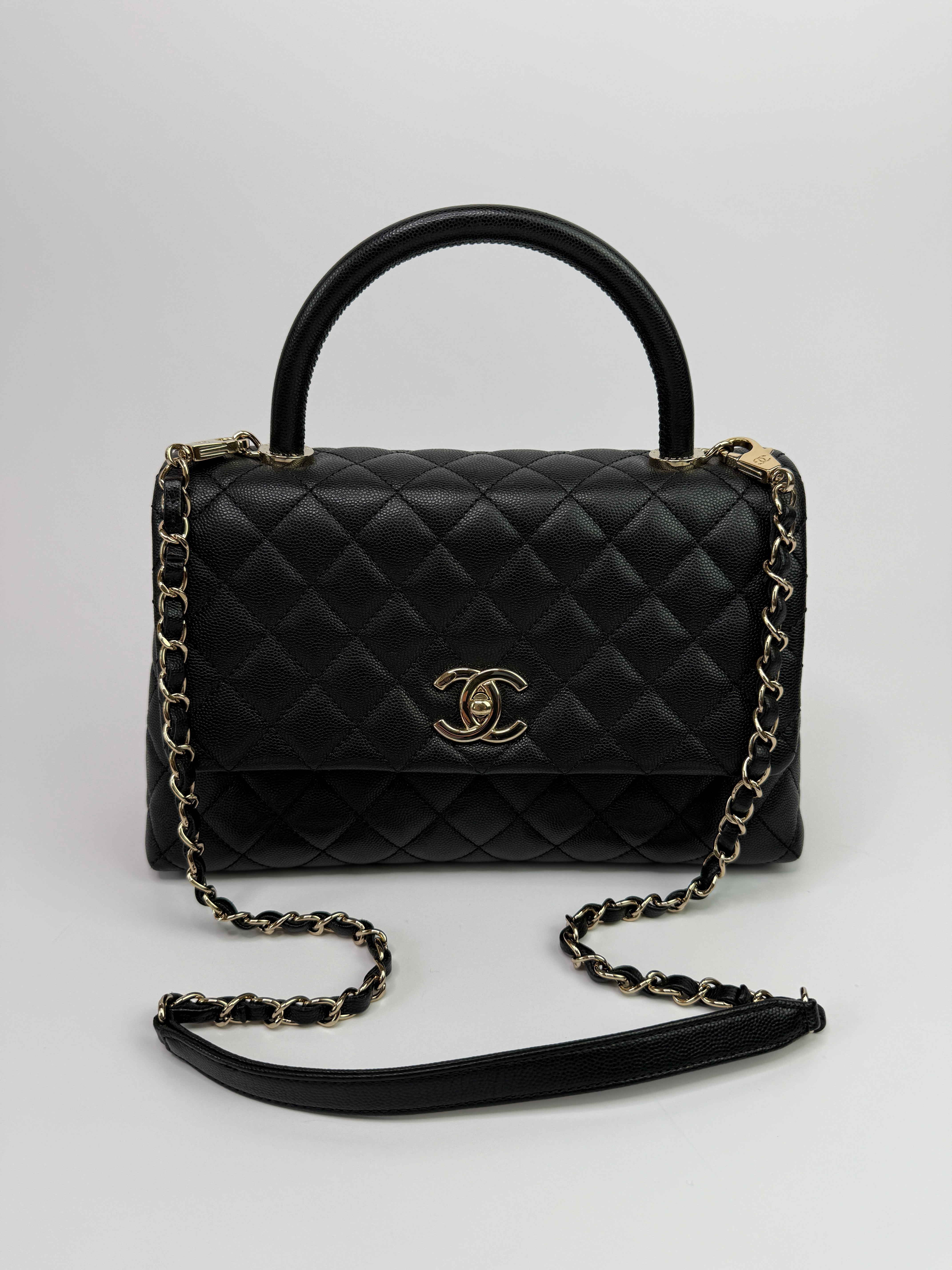 Chanel Coco Medium Top Handle In Black Caviar Leather With PGHW