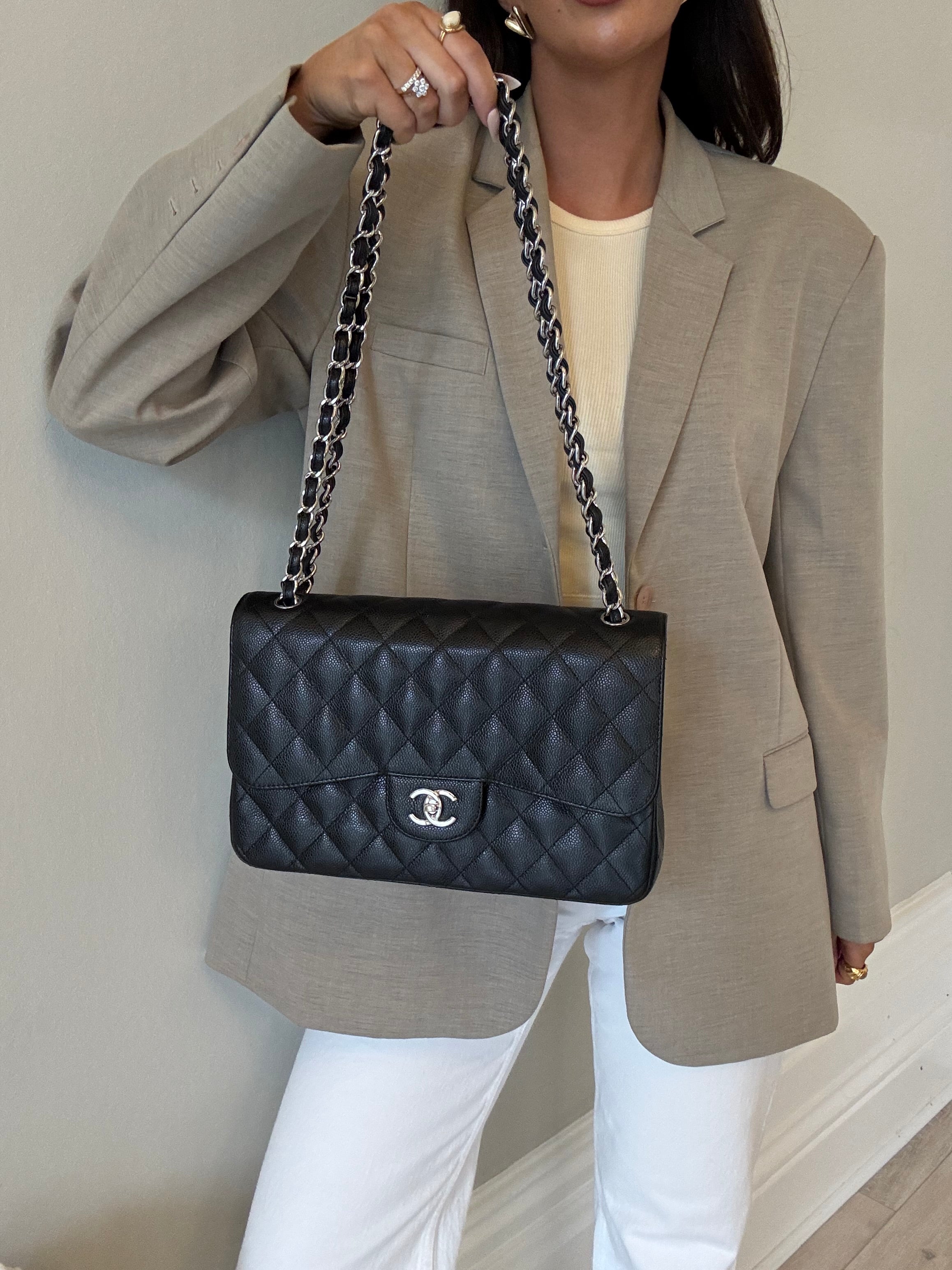 Chanel Black Caviar Leather Jumbo Classic Double Flap Silver Hardware
Pre Loved & Authentic 