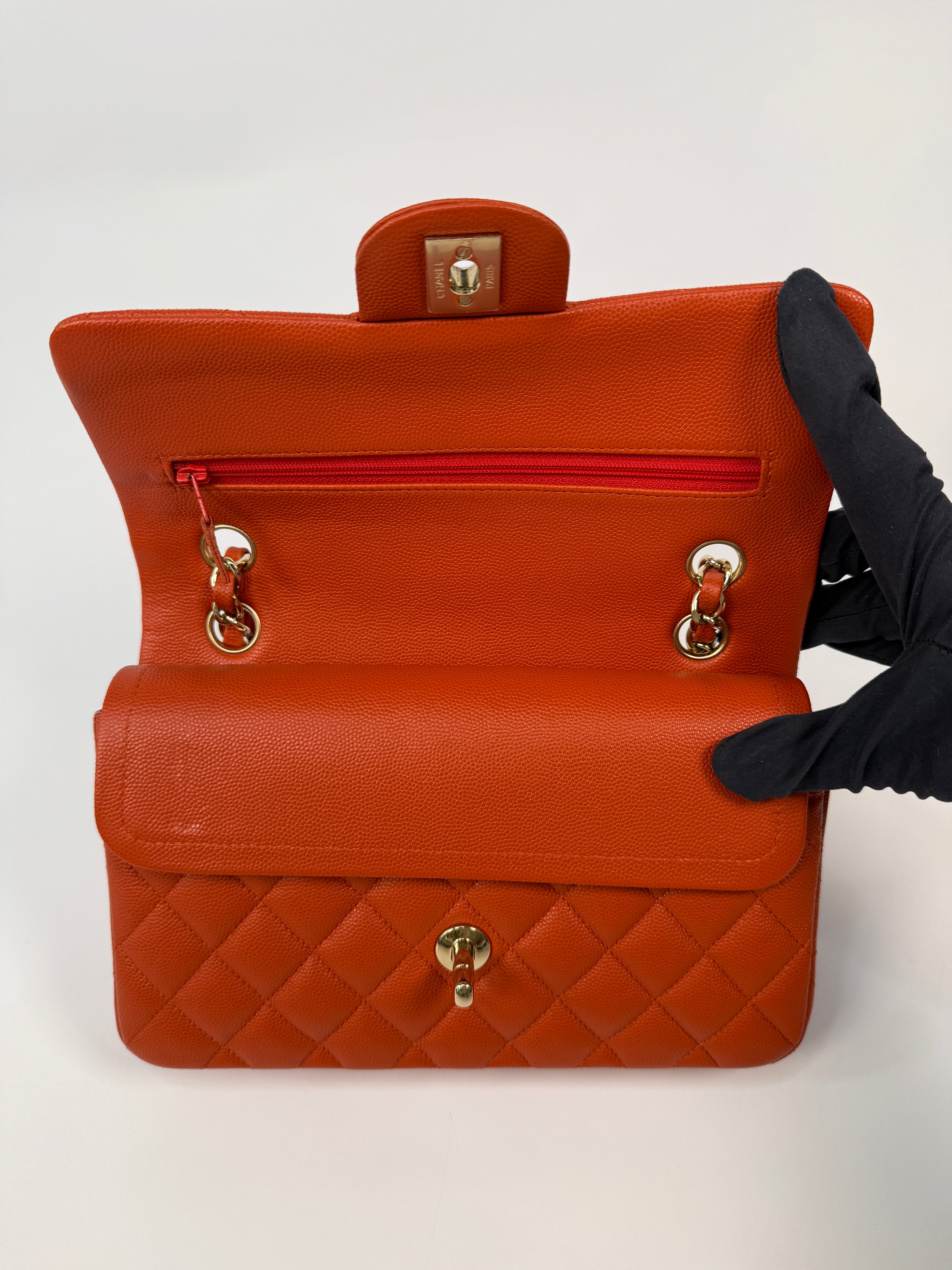 Chanel Small Classic Double Flap In Orange/Red Caviar Leather With PGHW