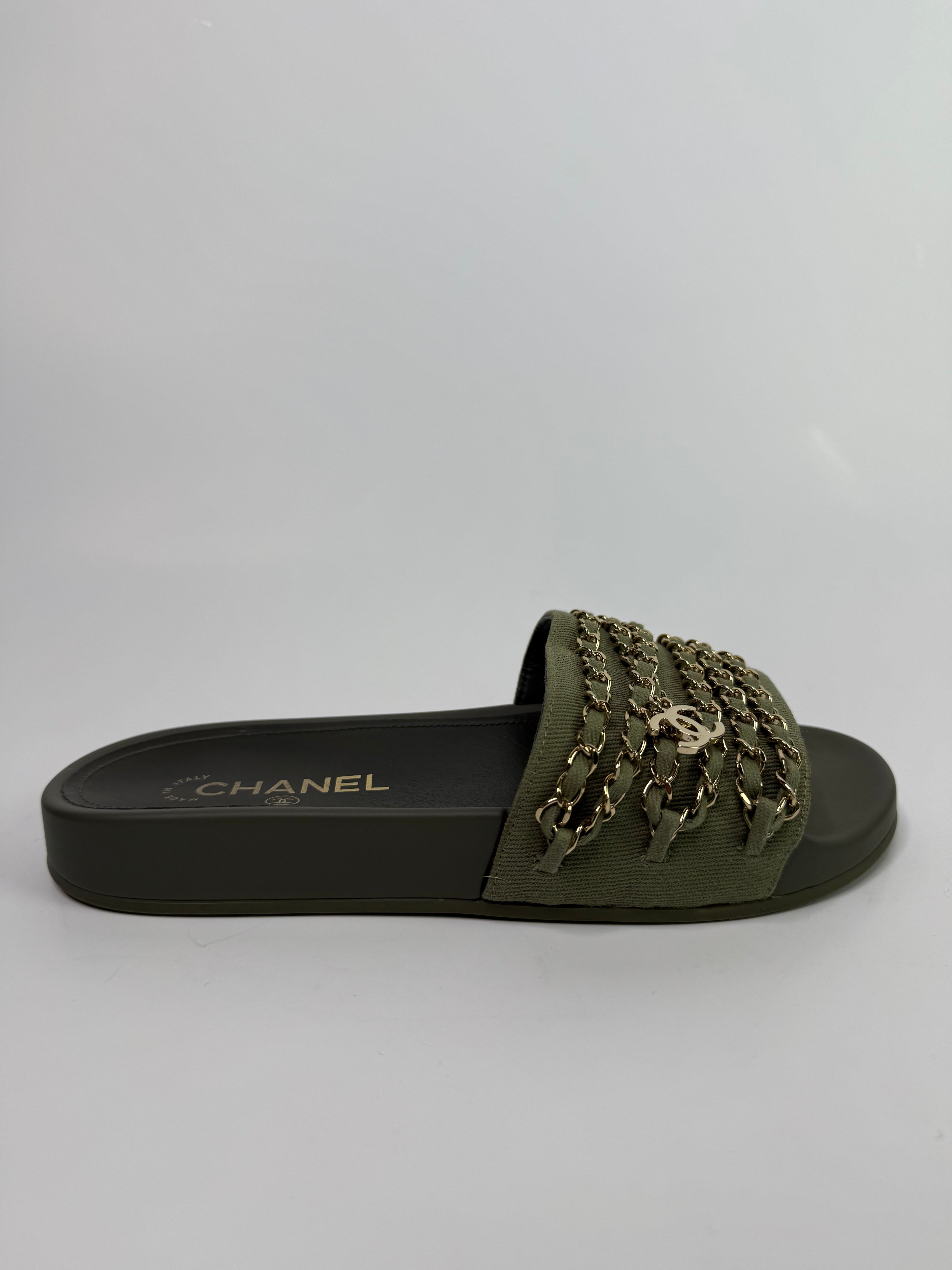 Chanel Chain Embellished Canvas CC Flat Slides  (Size 38/UK 5)