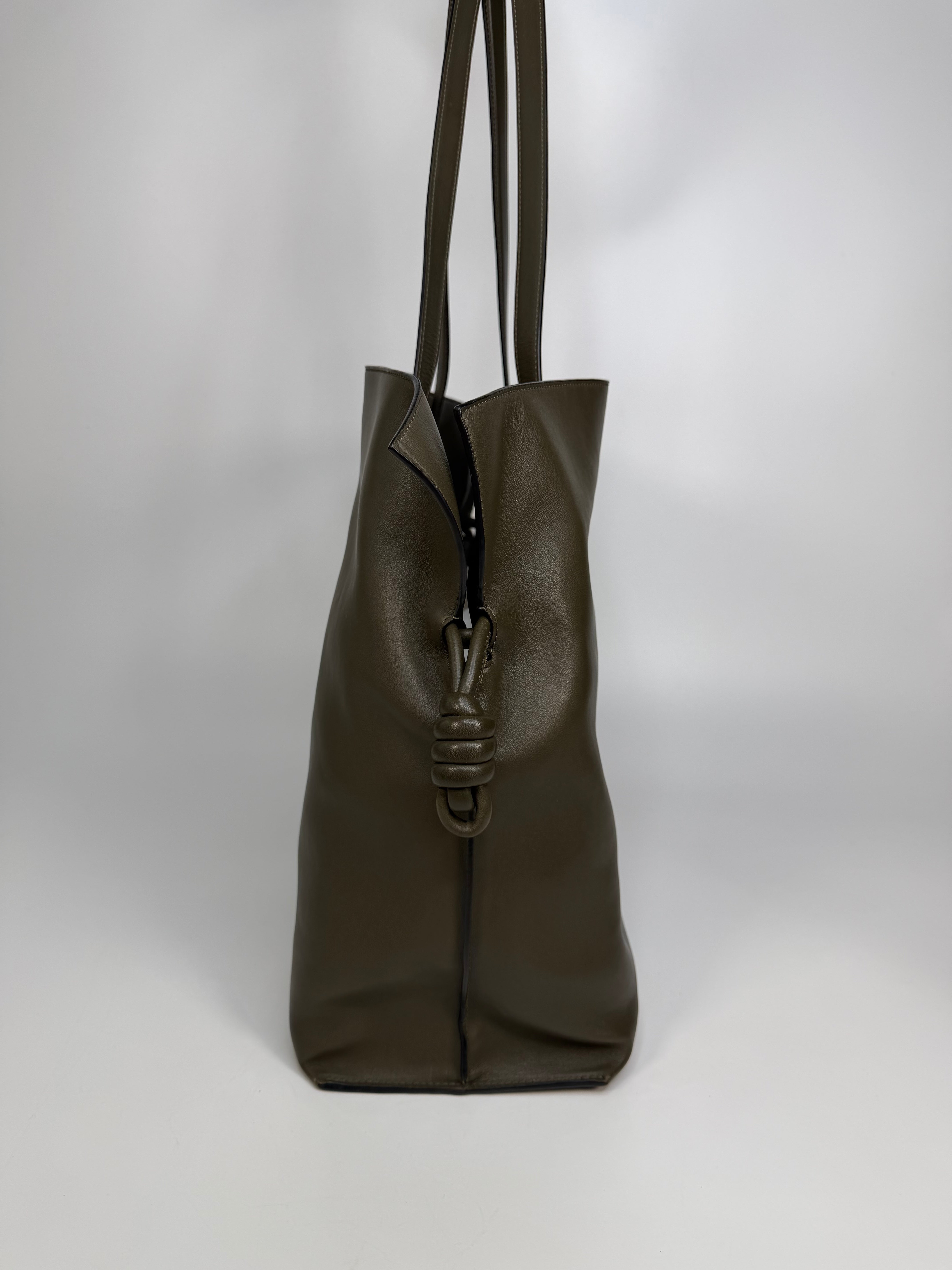 Loewe XL Flamenco Tote Bag In Khaki With Gold Hardware. Authentic and preloved in excellent condition