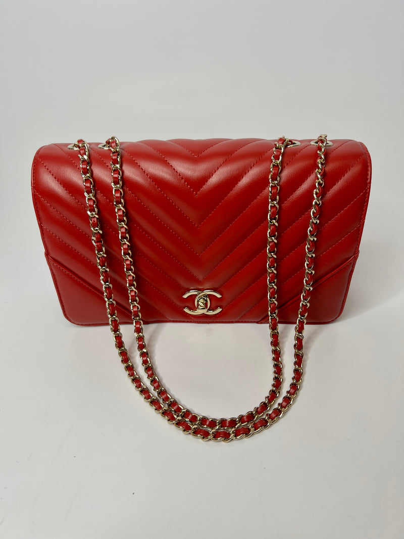 Chanel Red Chevron Single Flap Bag