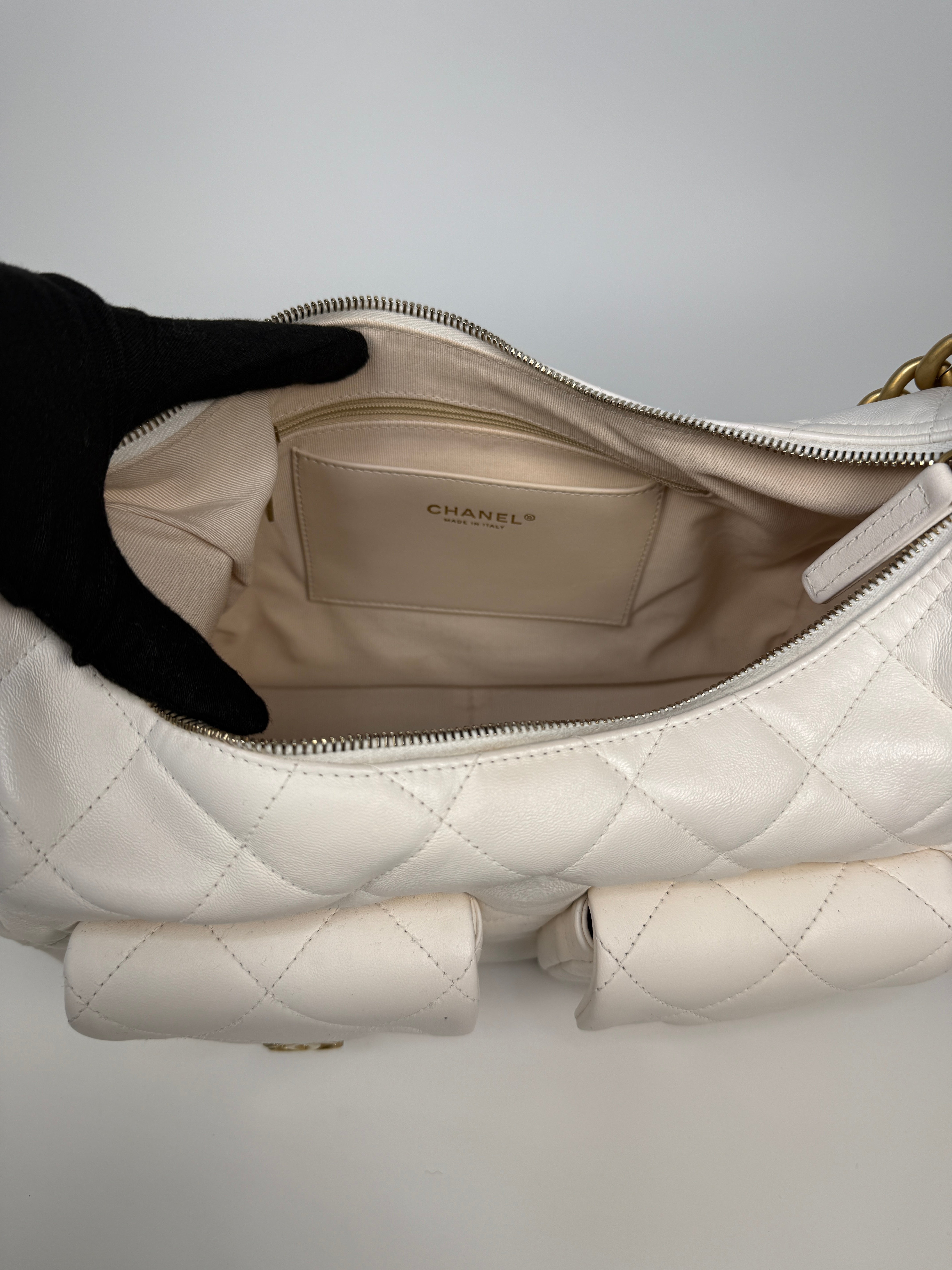Chanel Quilted Pockets Bag In White Lambskin Leather With Gold Hardware