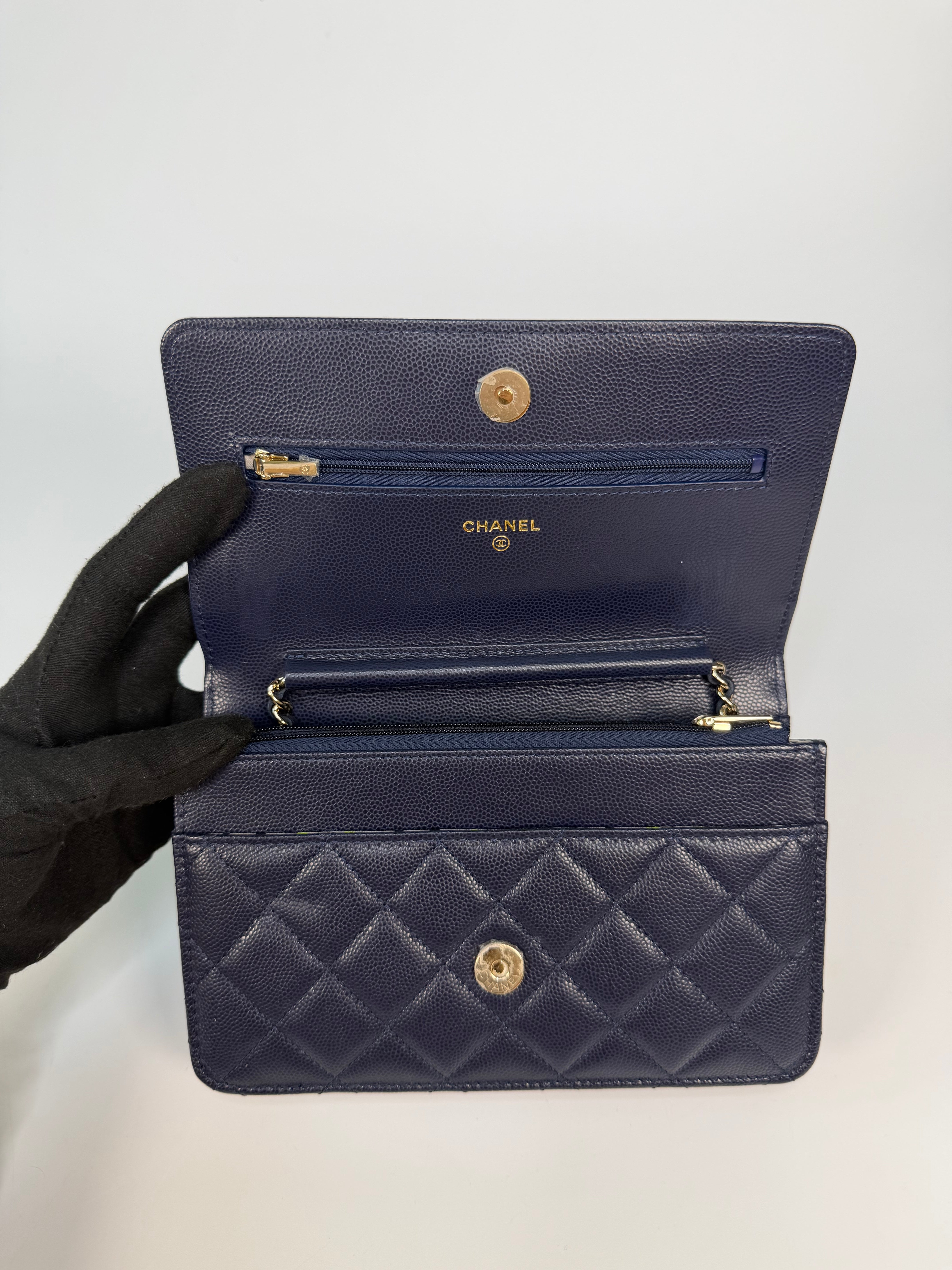 Chanel Wallet On Chain In Navy Caviar With Gold Hardware. Authentic and preloved in excellent condition. 100% guarantee