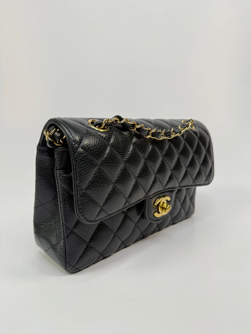 Chanel Small Classic Double Flap In Black Caviar Leather With GHW