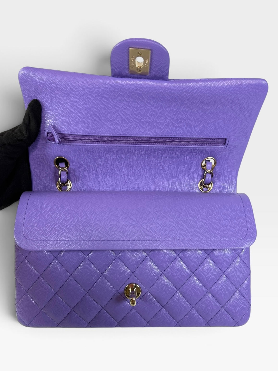 Chanel Medium Classic Double Flap In Purple Caviar Leather With Gold Hardware. Authentic and preloved in excellent condition. 100% guarantee